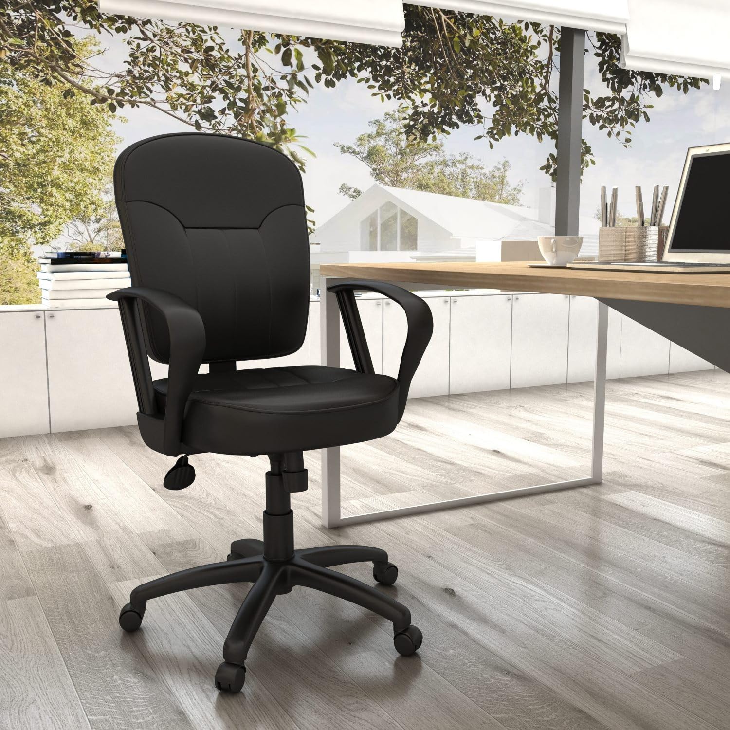 Premium Black Leather Task Chair with Loop Arms - Ergonomic Office Chair for Home & Business Workspaces
