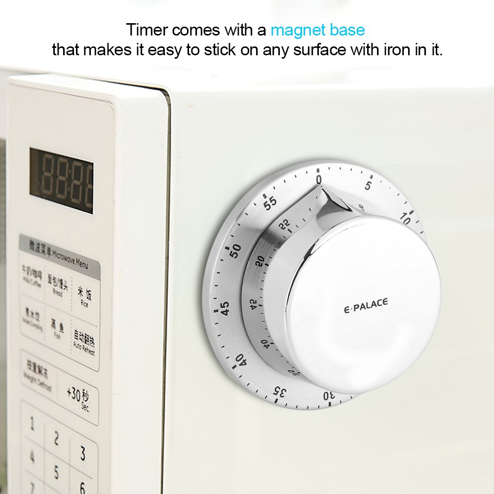 Mechanical Kitchen Timer with Alarm - No Batteries Needed, Magnetic Backing & Stainless Steel Body - Perfect for Cooking, Baking, Meal Prep & Kitchen Countdown (Silver)