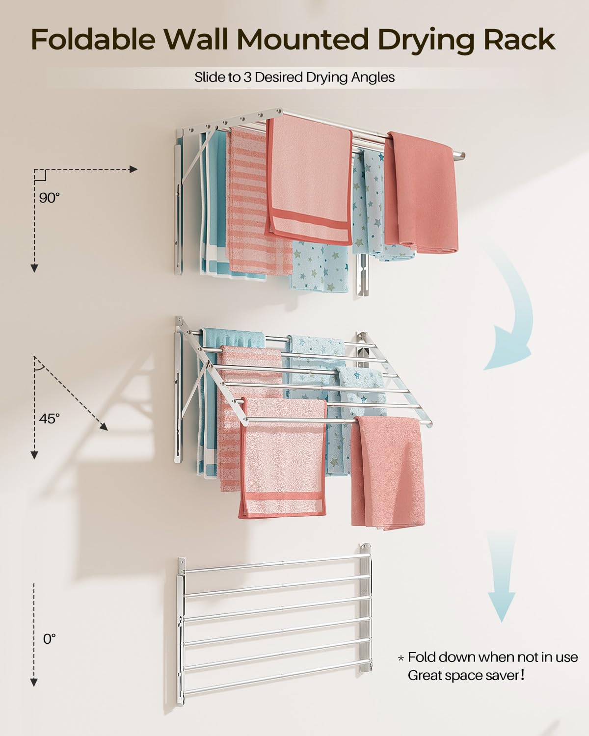 JAUREE Foldable Wall Mounted Clothes Drying Rack - 6 Stainless Steel Rods for Space Saving Laundry