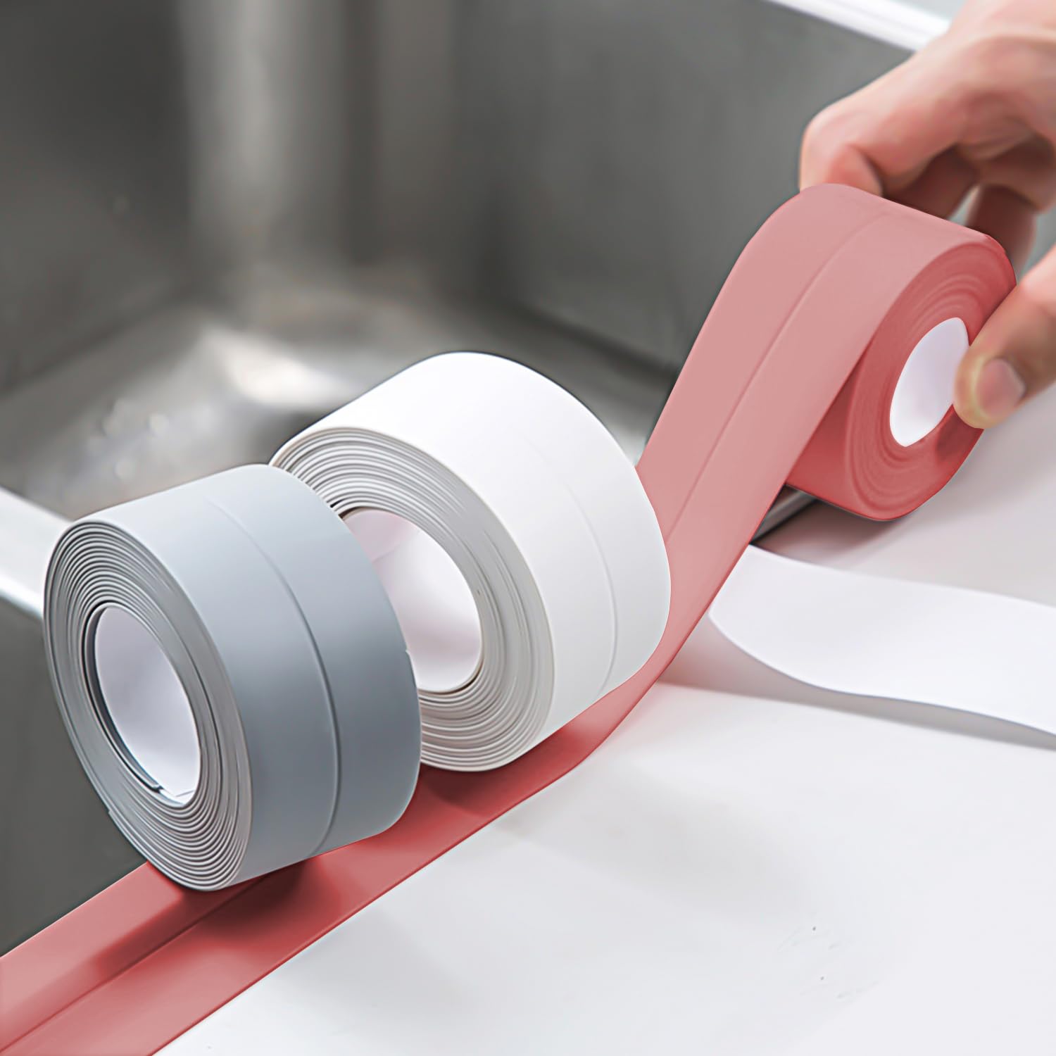 3 Rolls Waterproof Self-Adhesive Caulk Tape - 10.5 Feet Beige Caulking Sealant Strip for Bathroom, Toilet, Kitchen Countertop - Perfect for Sealing Gaps, Cracks & Preventing Water Leaks