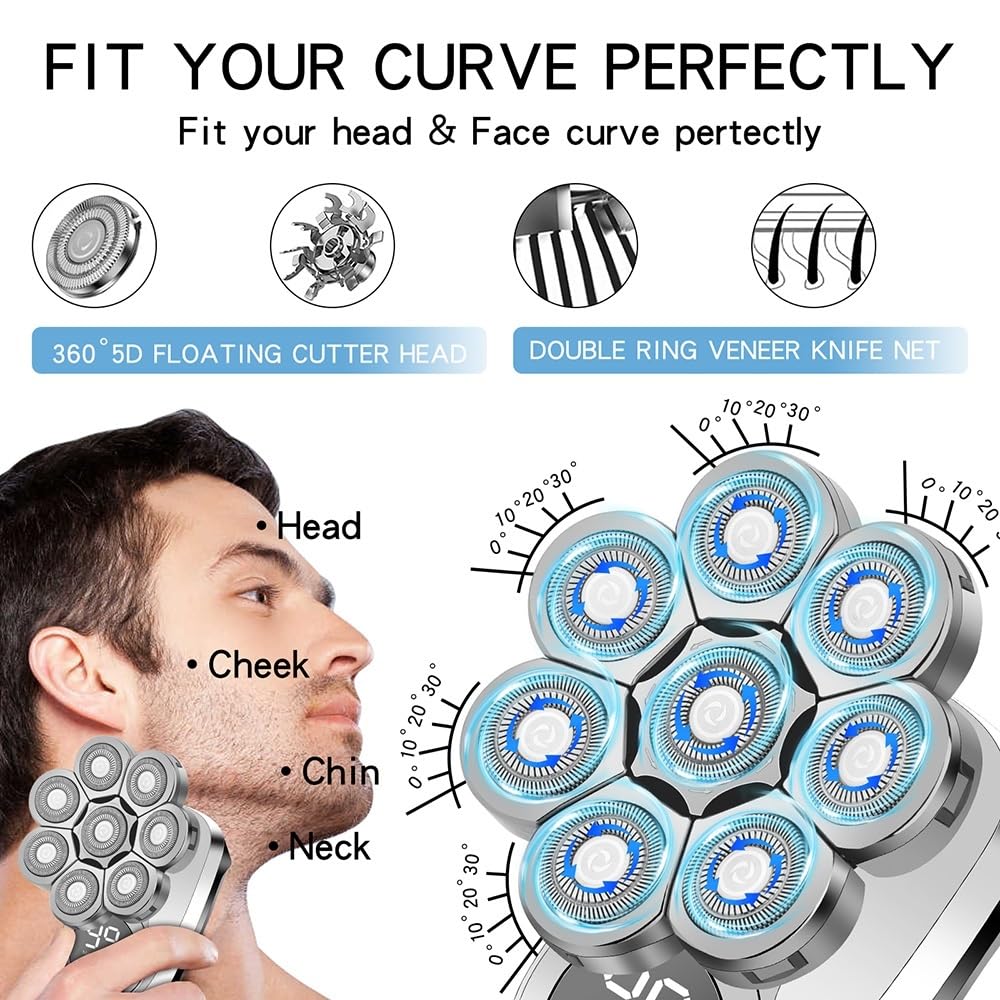 6-in-1 Electric Head Shaver for Bald Men - USB Rechargeable Wet/Dry Shaver with LED Display & Nose Trimmer - Fast Charging Cordless Grooming Kit for Smooth Head Shaving at Home or Travel