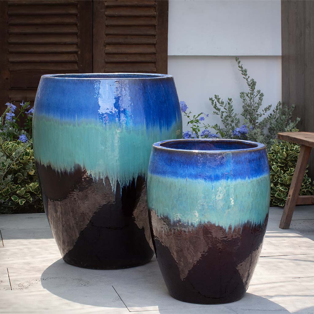 Campania International Cabana Planter Set of 2 - Running Blue Brown Outdoor Garden Planters for Patio, Deck & Poolside Decor