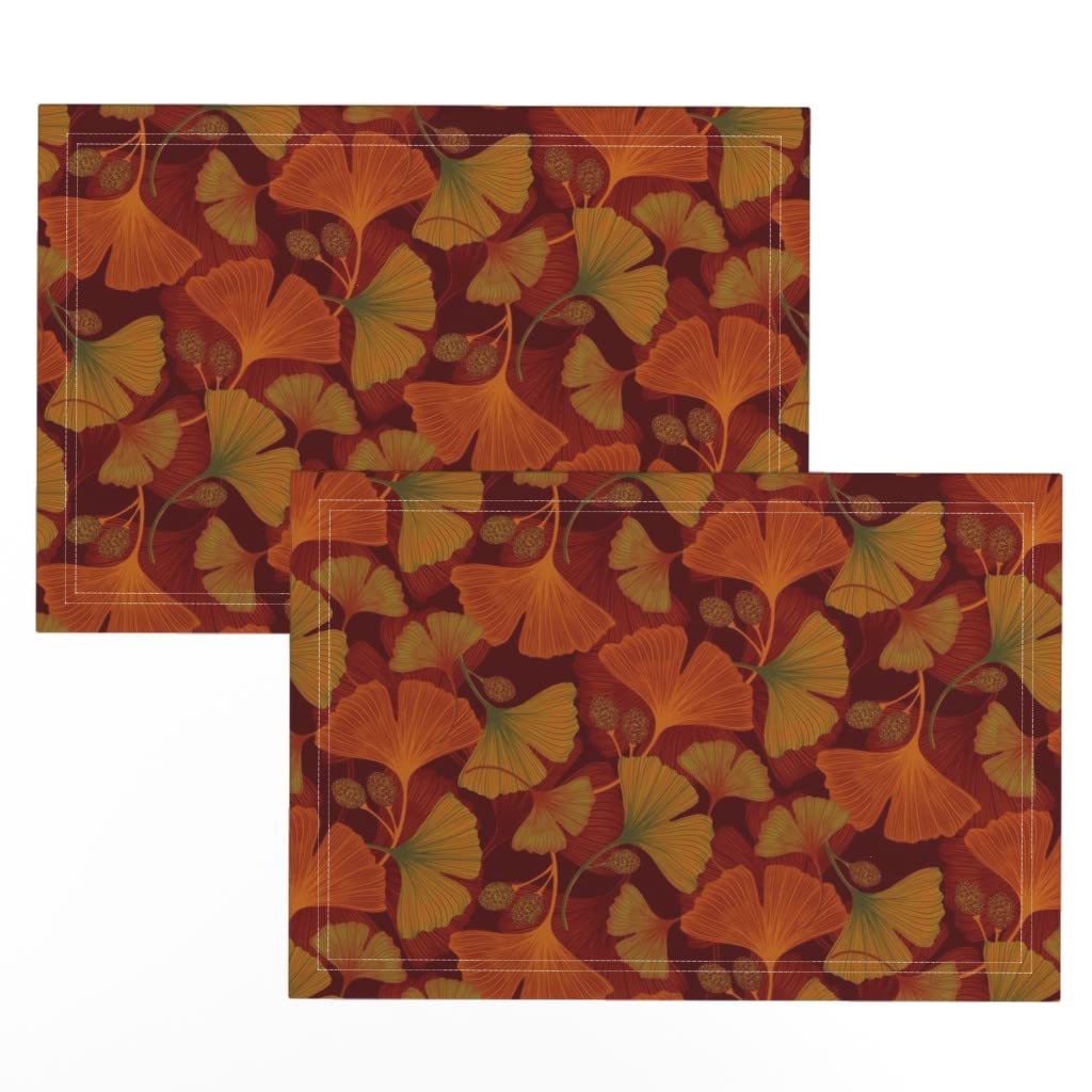 Premium Linen Cotton Canvas Placemats Set of 2 - Gingko Leaves Autumn Design for Dining Table Decor | Fall-Themed Washable Placemats for Thanksgiving, Dinner Parties & Seasonal Home Decor