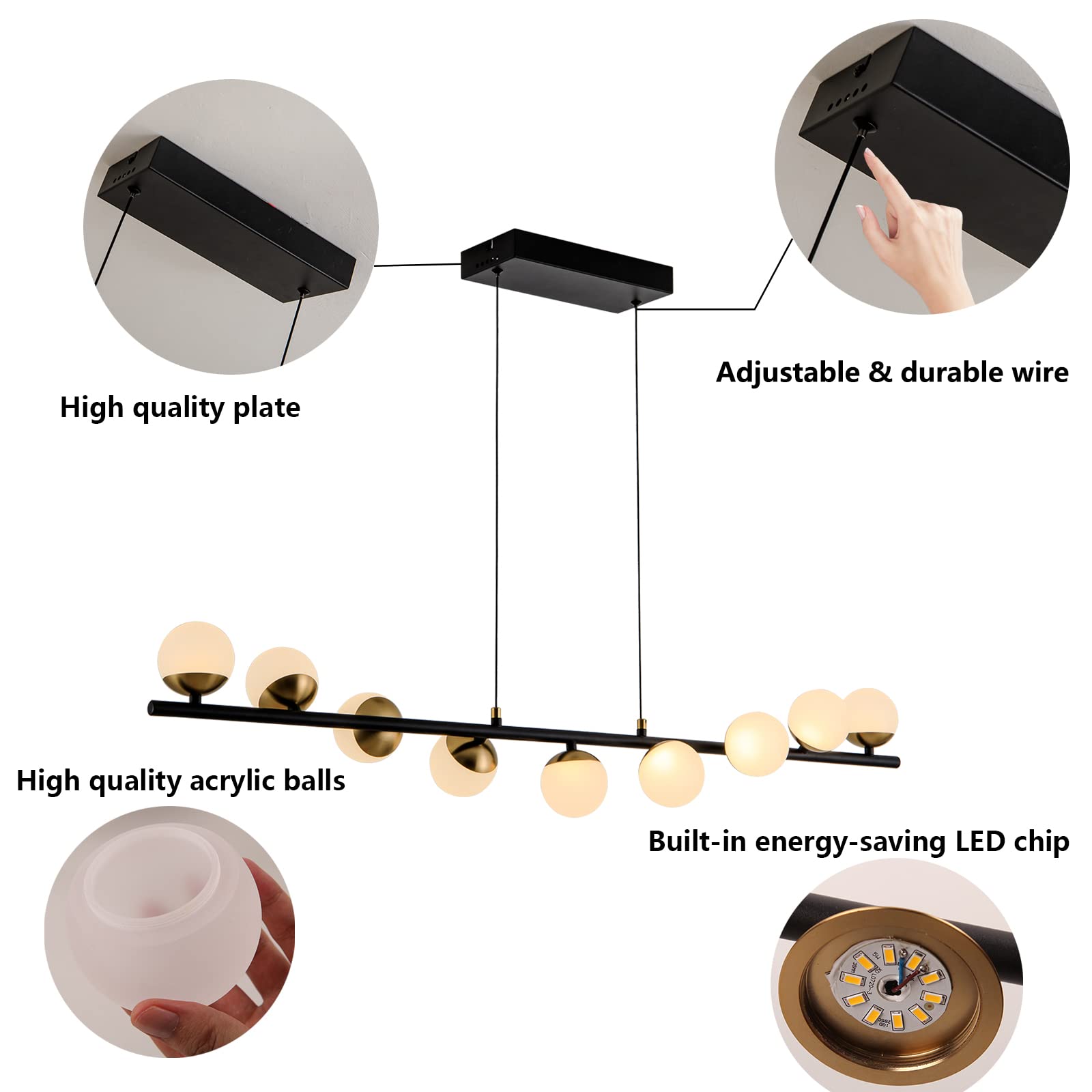 Modern Globe Pendant Lighting - 9-Light LED Dimmable Black & Gold Linear Chandelier for Dining Room, Kitchen, Living Room | Mid-Century Style Hanging Light Fixture | Perfect for Home Decor, Restaurant Lighting, and Office Spaces