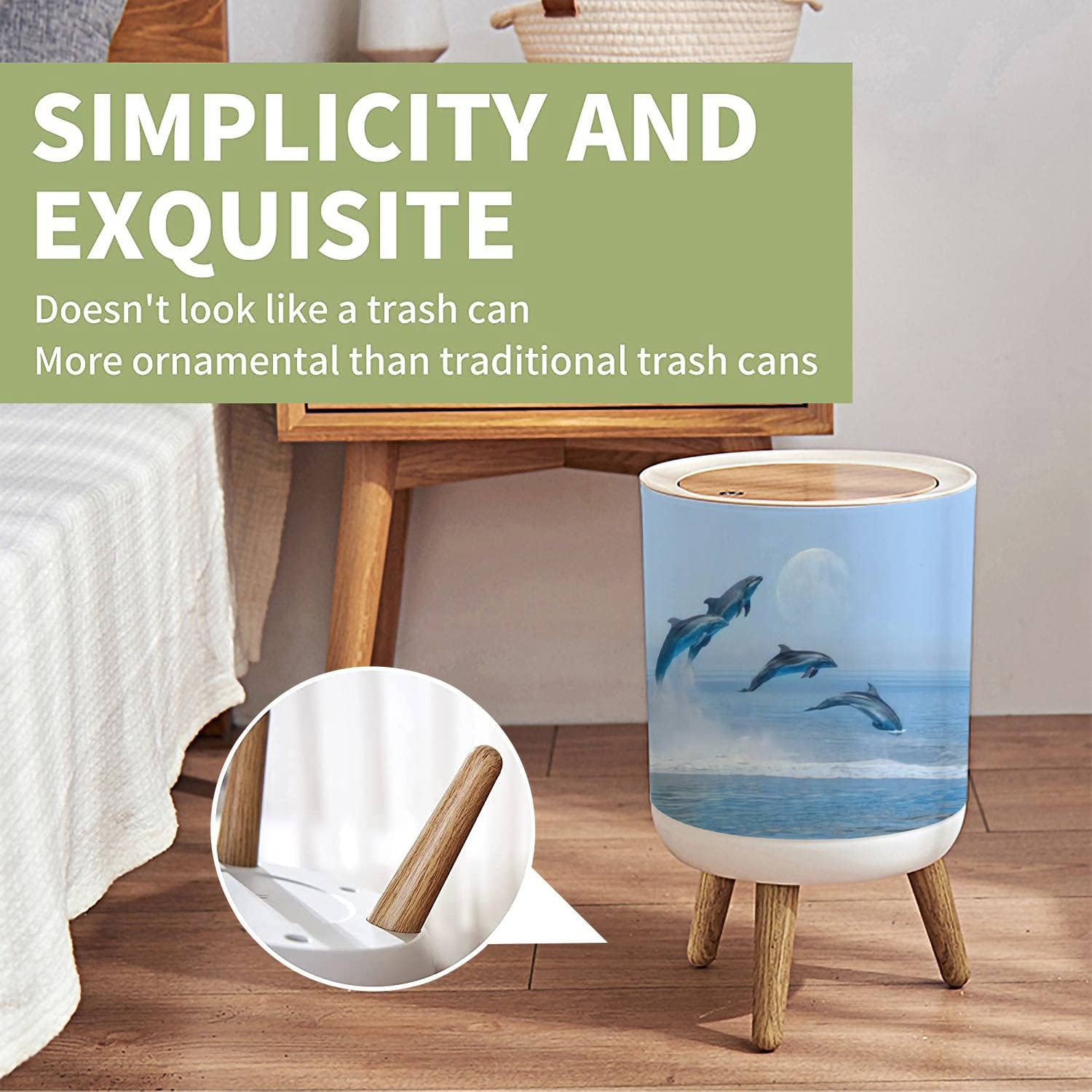 Dolphin Sunset Small Trash Can with Lid - 1.8 Gallon Round Press Cover Garbage Bin for Kitchen, Bathroom & Living Room | Dog Proof Wastebasket for Home & Office Use