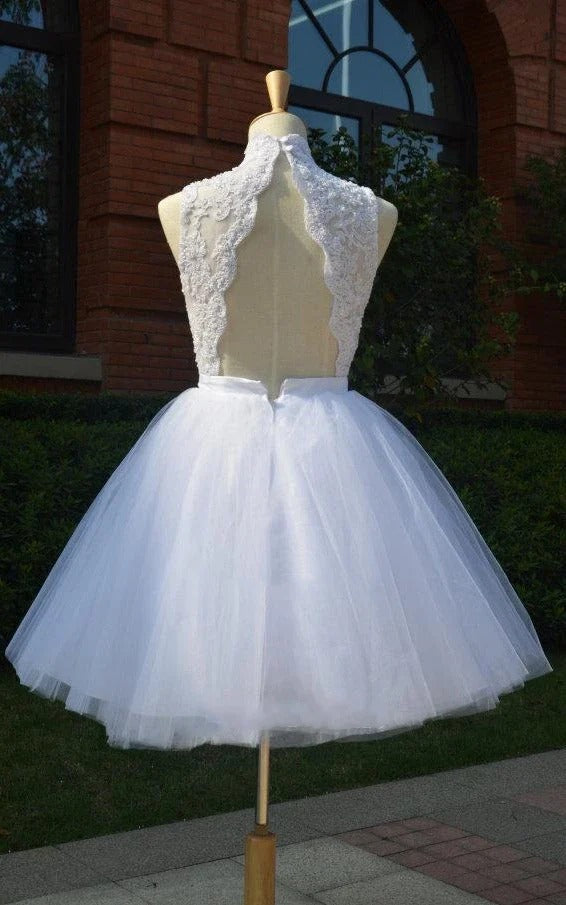 Elegant Knee-Length Lace Wedding Dress with High Neckline & Tulle Beading - Perfect for Beach Weddings, Vow Renewals & Romantic Photoshoots