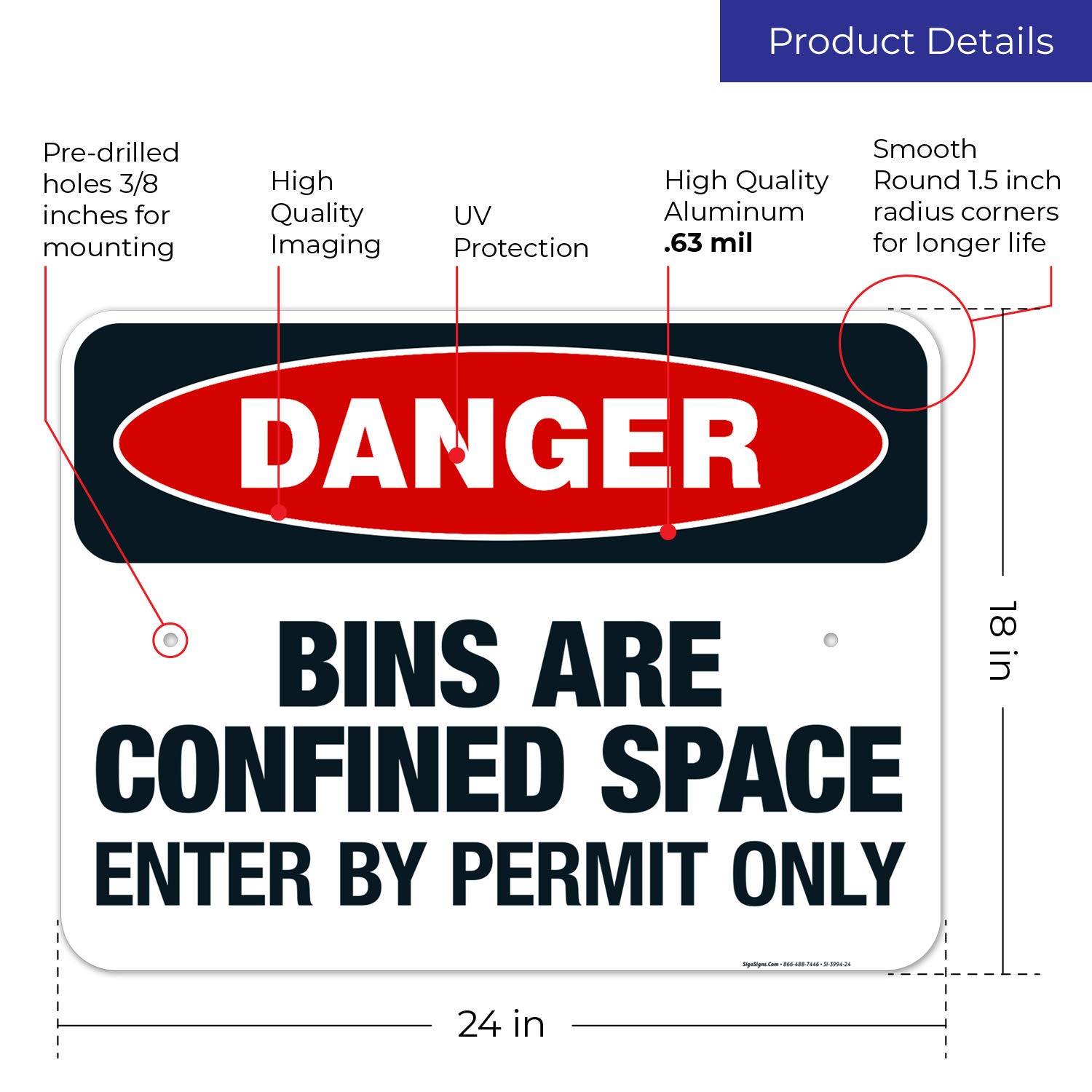 OSHA Approved Danger Sign - Confined Space Enter by Permit Only, 18x24 Inches | Rust-Free .063 Aluminum, Fade Resistant for Indoor/Outdoor Use | Made in USA | Ideal for Construction Sites, Warehouses & Industrial Safety Areas