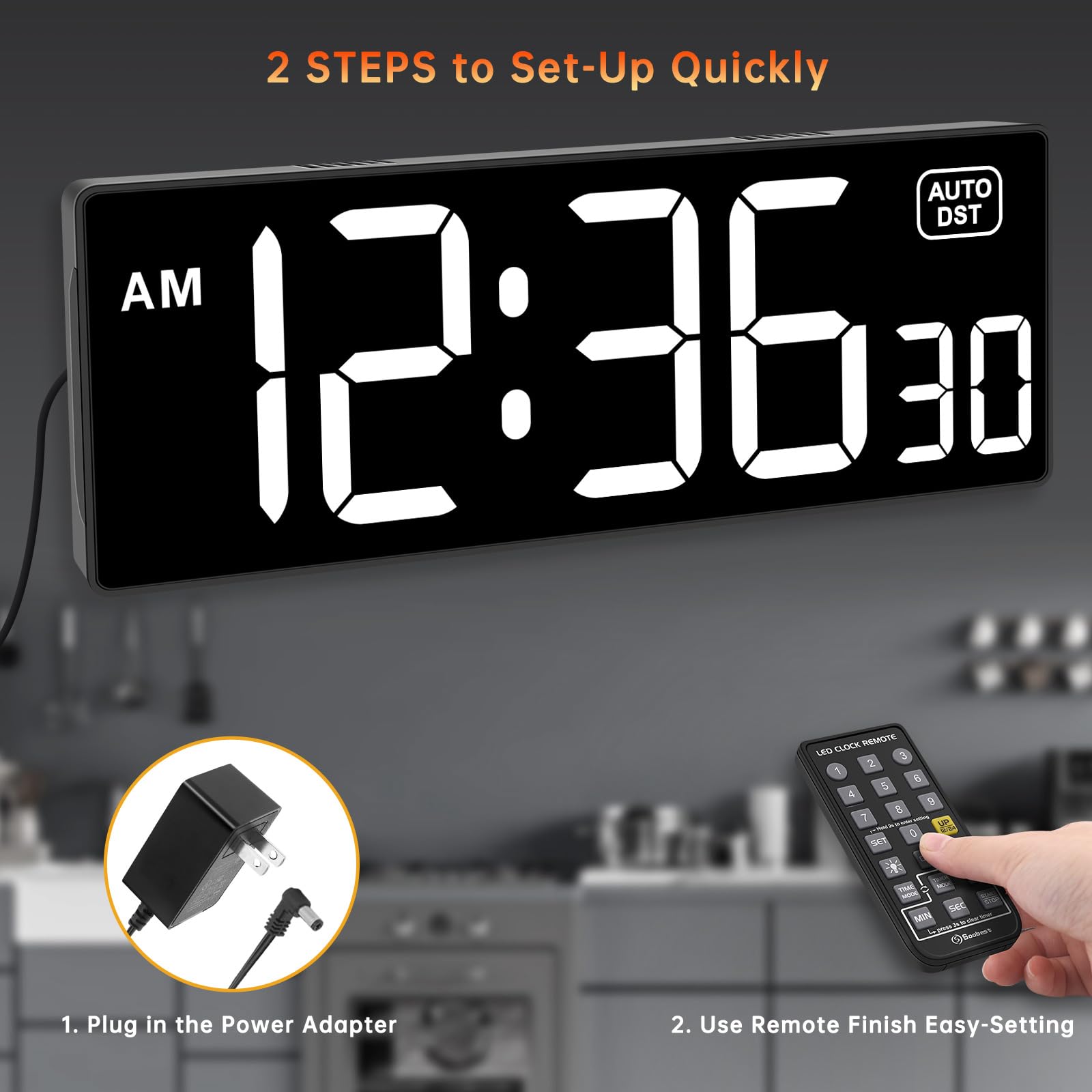 Soobest Large LED Digital Wall Clock with Seconds - Remote Control Countdown Timer, 5 Dimmer Modes for Gym, Office, Classroom & Home (White) - Perfect for Workouts, Meetings, Study & Daily Time Management