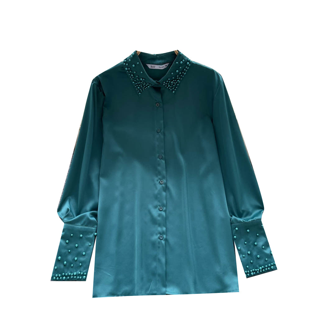 2023 Spring New Beaded Chiffon Blouse - Women's Elegant Satin Long Sleeve French Style Shirt 336 | Perfect for Office Wear, Date Night & Special Occasions