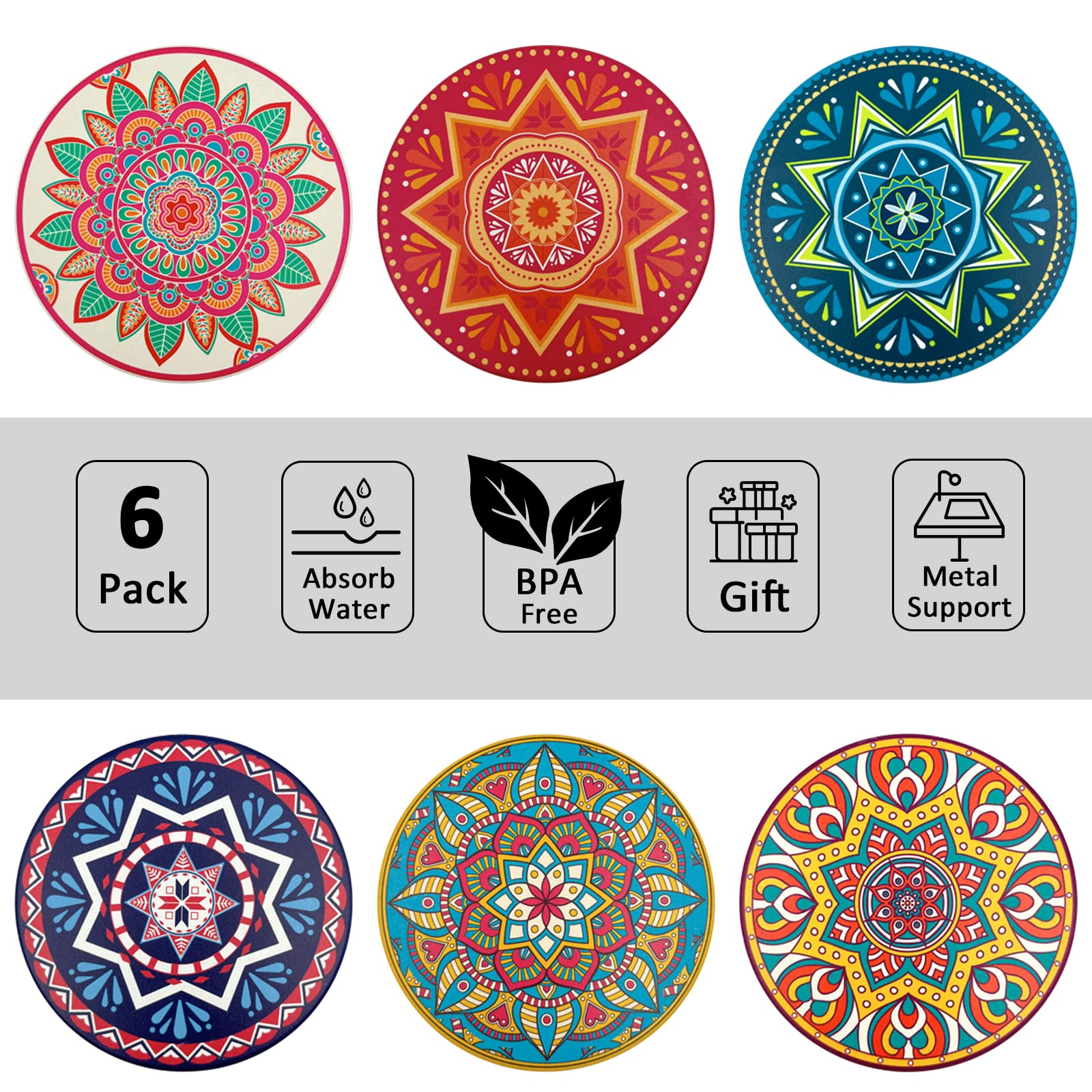6-Pack Absorbent Mandala Ceramic Coasters with Cork Base - Stylish Coffee Table Decor for All Cups | Perfect for Home, Dining Room & Office Use