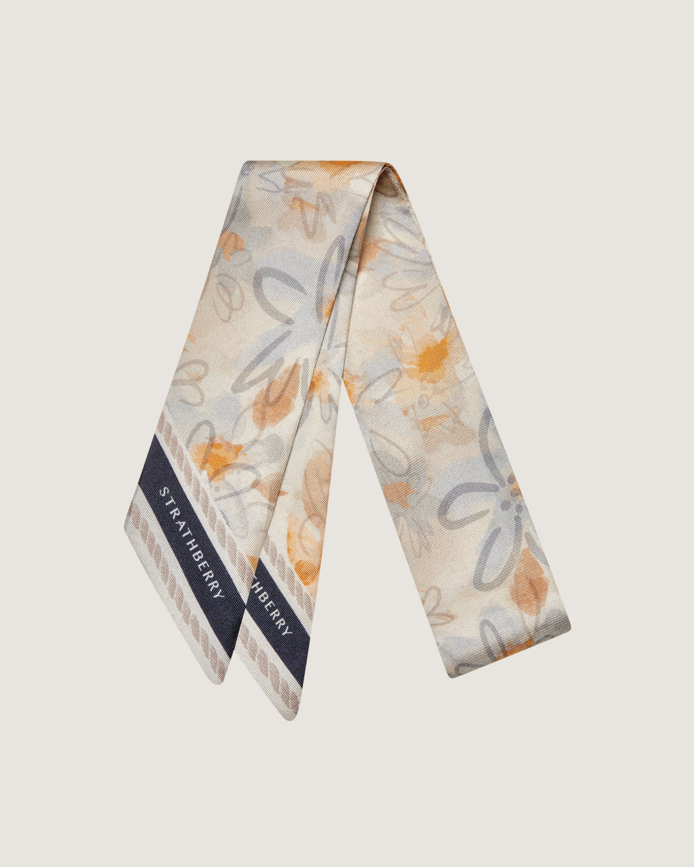 Elegant Watercolor Floral Silk Skinny Scarf - Vanilla & Blue Ombre - Perfect for Office, Travel and Special Occasions