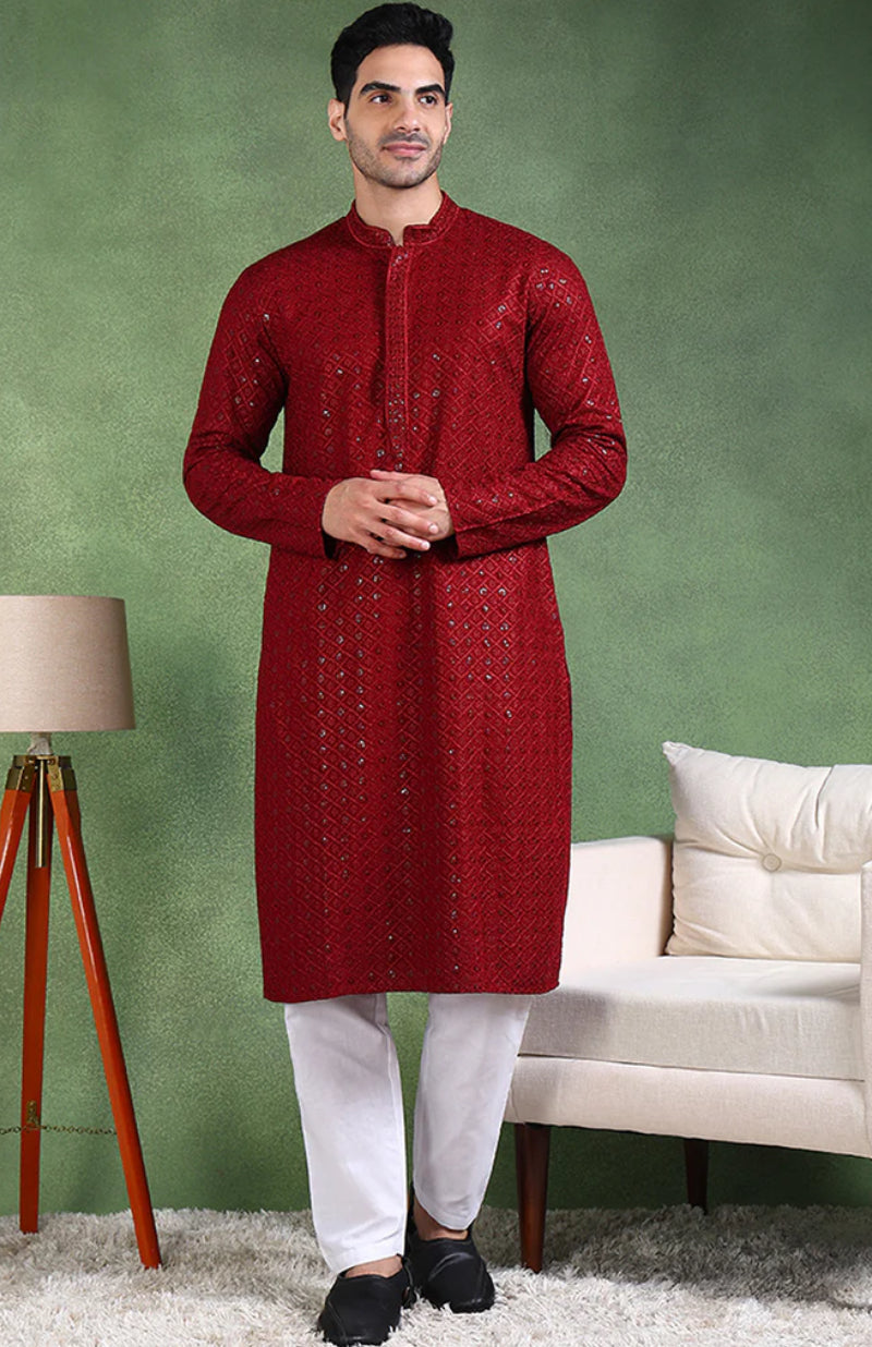 Elegant Chikankari Kurta for Men - Stylish Maroon Embroidered Tunic for Casual Wear & Festive Occasions