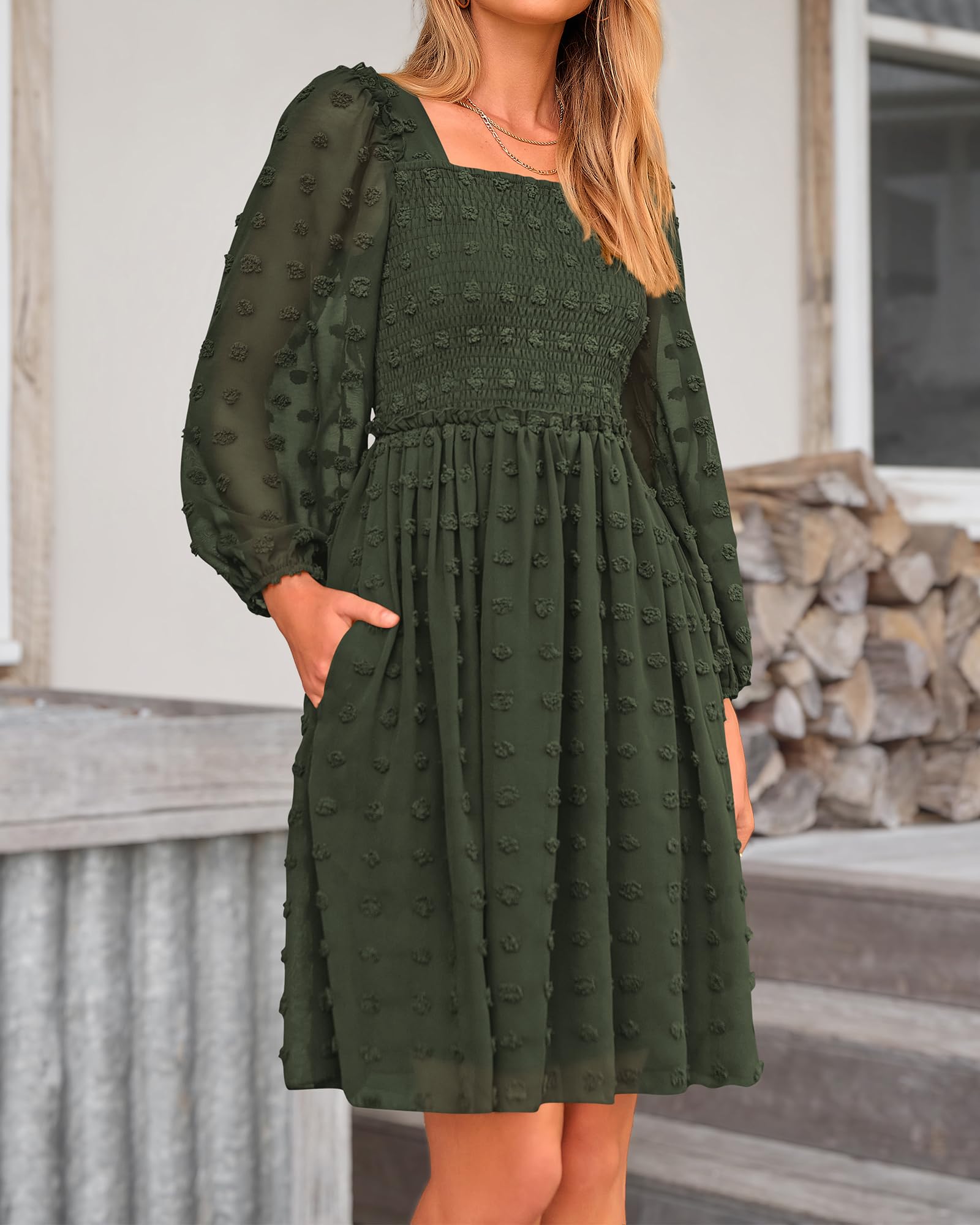 BTFBM Women's Floral Swiss Dot Smocked Mini Dress - Square Neck Long Sleeve Boho Wedding Guest Dress for Spring Summer 2025 | Perfect for Garden Parties, Bridal Showers & Date Nights