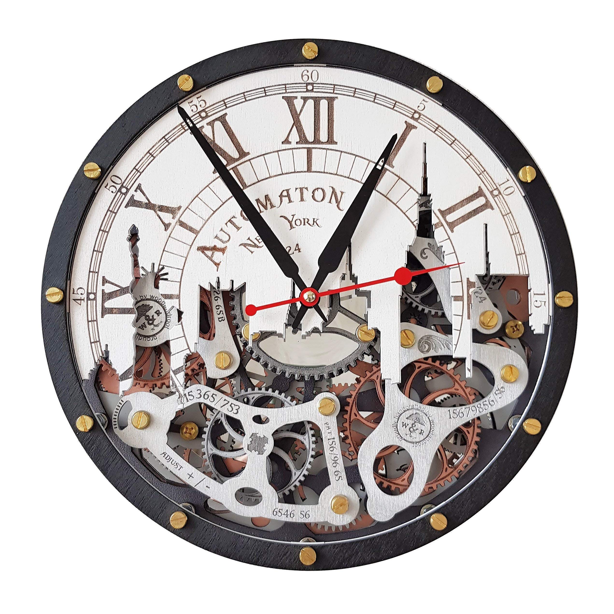 Steampunk New York City Skyline Wall Clock with Moving Gears - Handcrafted Mechanical Decor for Home, Kitchen, Living Room & Office - Unique Personalized Gift Idea for Clock Lovers & Cityscape Enthusiasts - Perfect for Industrial Decor, Steampunk Themed Rooms & Urban Home Offices