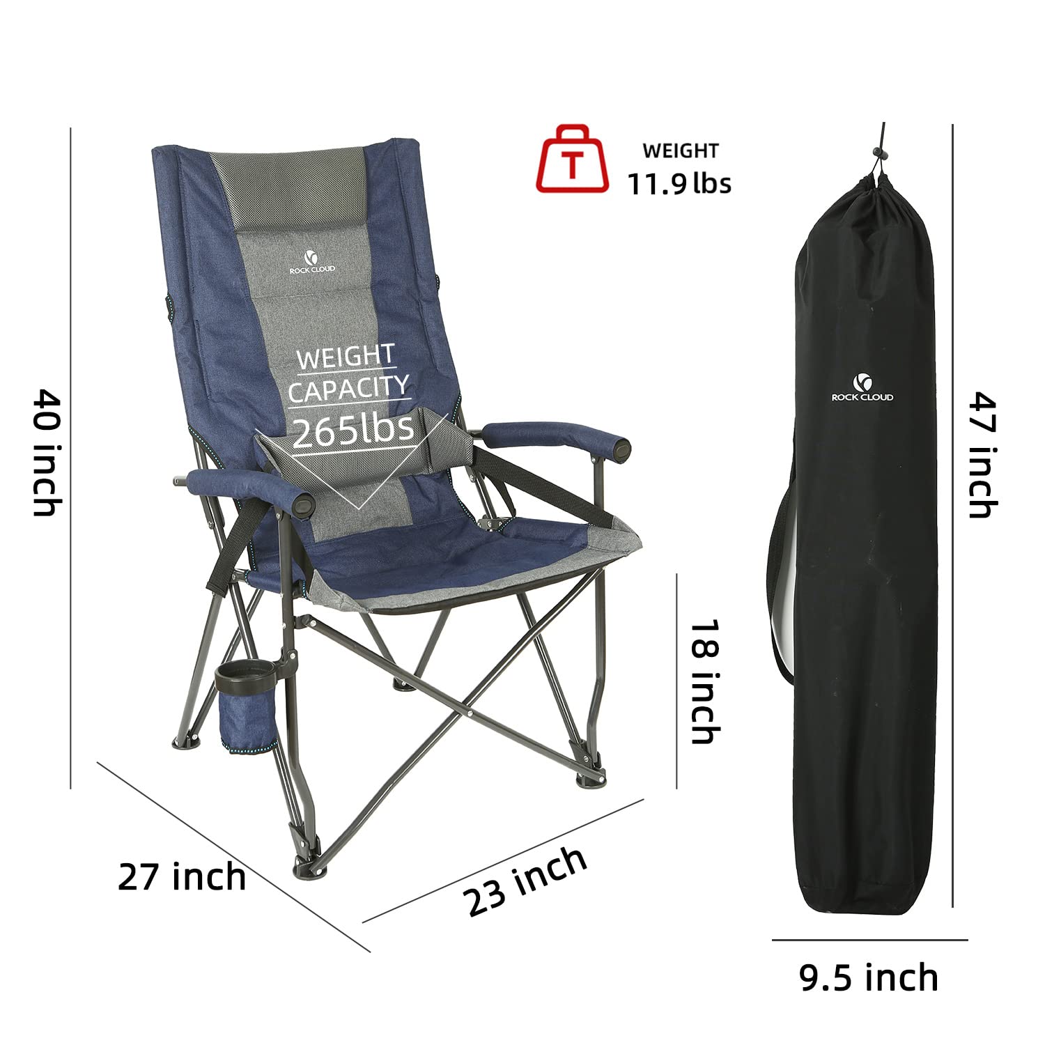 ROCK CLOUD Folding Camping Chair with Lumbar Support - Padded Portable Outdoor Chair for Camping, Hiking, Fishing, Backyard, Beach, Picnics and Sports Events - Heavy Duty Comfortable Lawn Chair