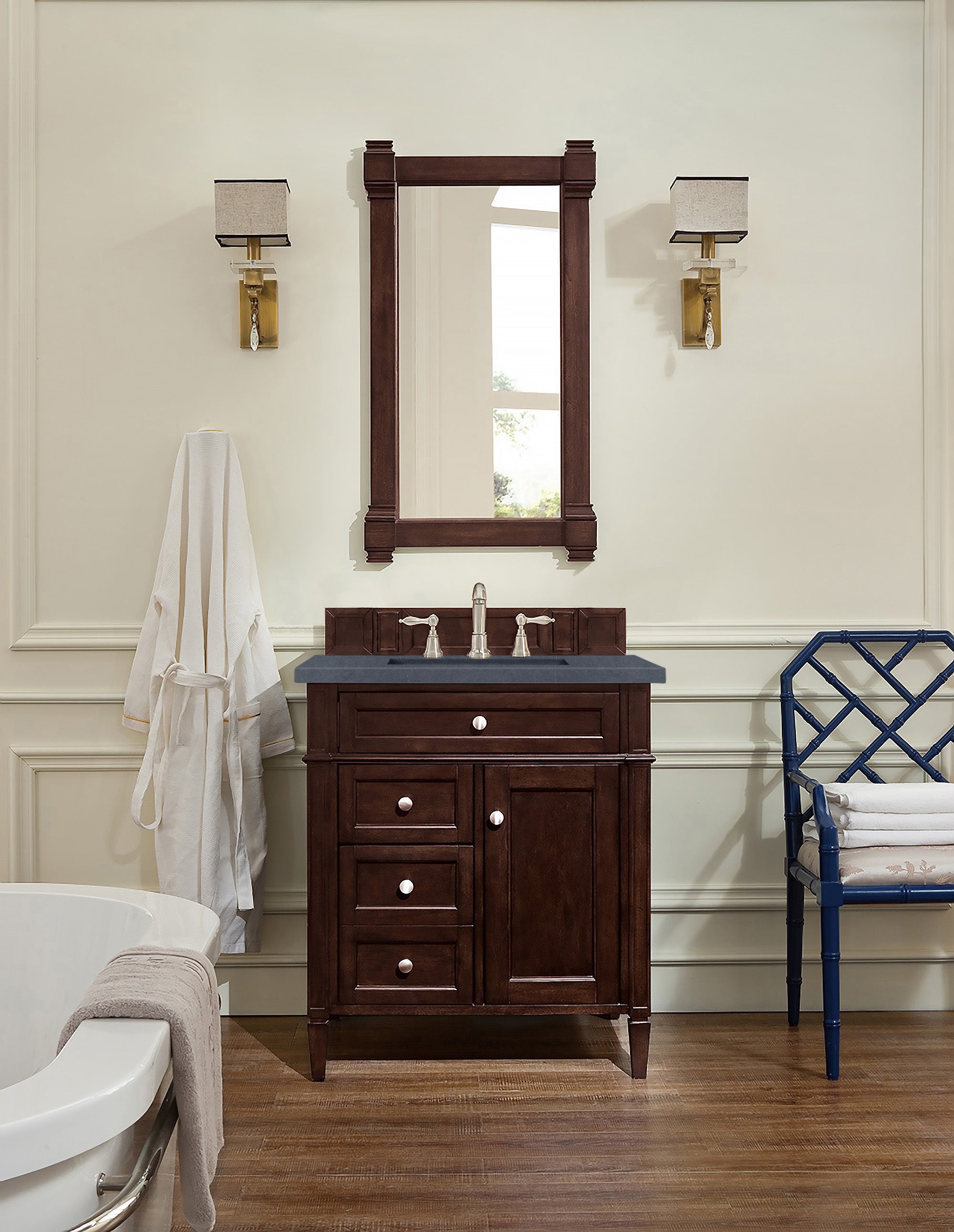 Brittany 30-Inch Single Bathroom Vanity with Burnished Mahogany Finish & 3CM Charcoal Soapstone Quartz Top - Perfect for Modern Master Bath or Powder Room Makeovers