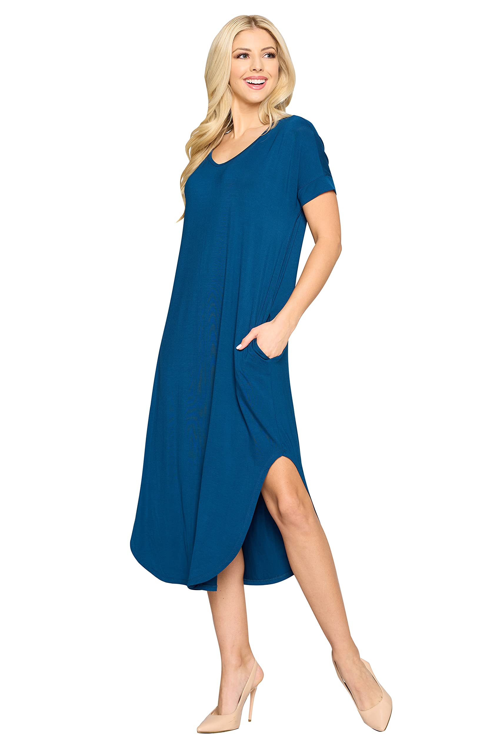 YELETE Women's Striped Curved Hem Midi Dress with Pockets - Flowy Summer Casual Dress for Beach, Vacation & Everyday Wear