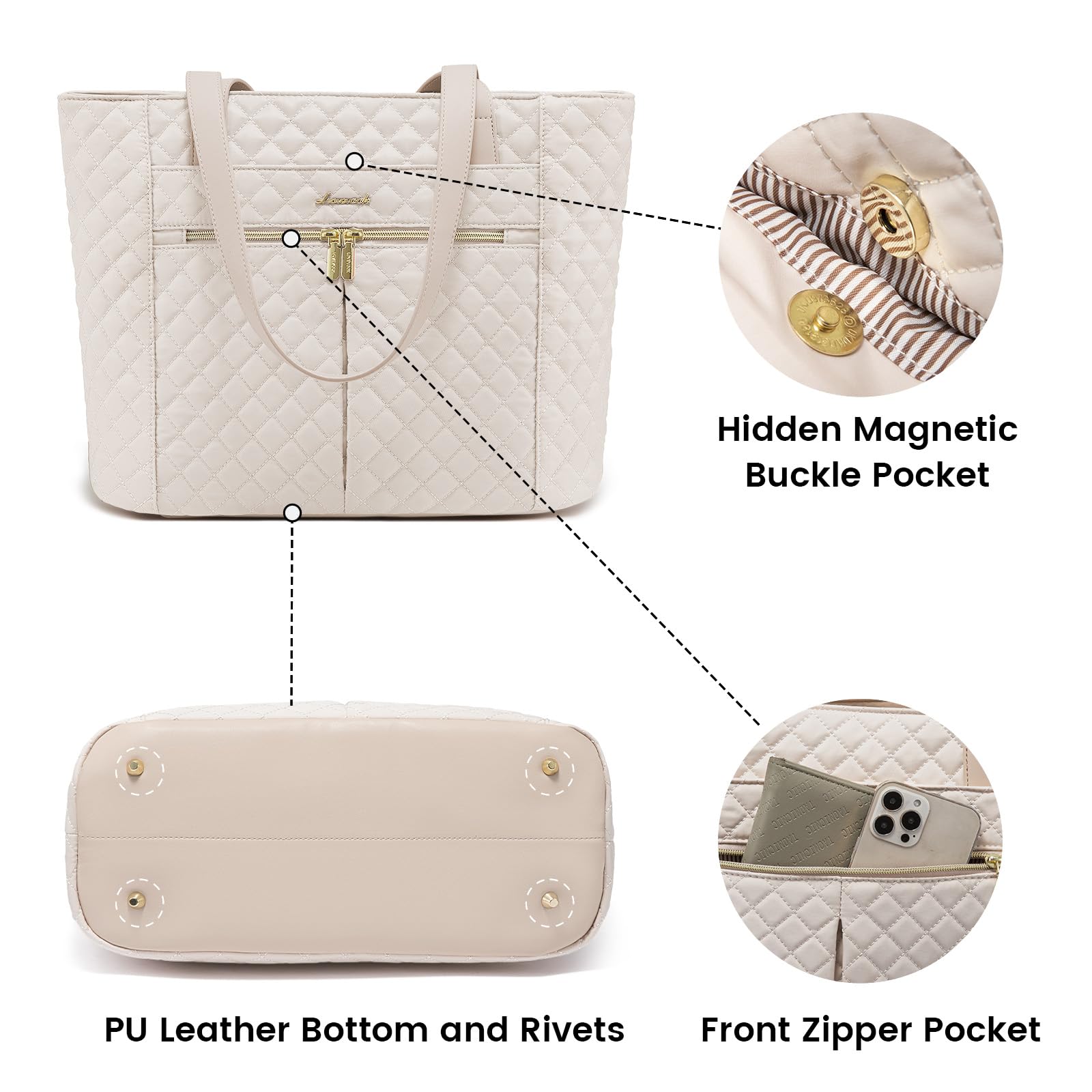 LOVEVOOK 15.6 Inch Diamond Quilted Laptop Tote Bag for Women - Stylish Work & Travel Shoulder Bag with Clutch Purse - Perfect for Office, Business Meetings & Commuting (Nude)