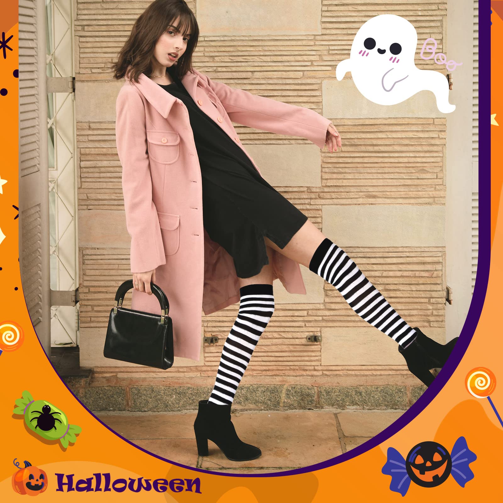 SATINIOR 2 Pairs Women's Long Opaque Striped Socks - Soft Cotton Blend Thigh High Socks for Women, Fashionable Striped Knee High Socks for Fall Winter Outfits, Work, Casual Wear and Cosplay