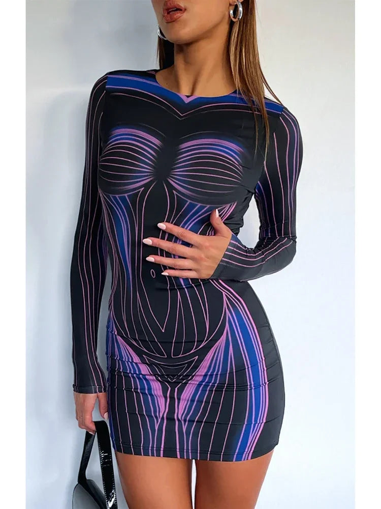 3D Printed Bodycon Dress for Women - Long Sleeve Short Dress Fall Fashion 2023 | Casual Female Clothing | Perfect for Parties, Dates & Night Out