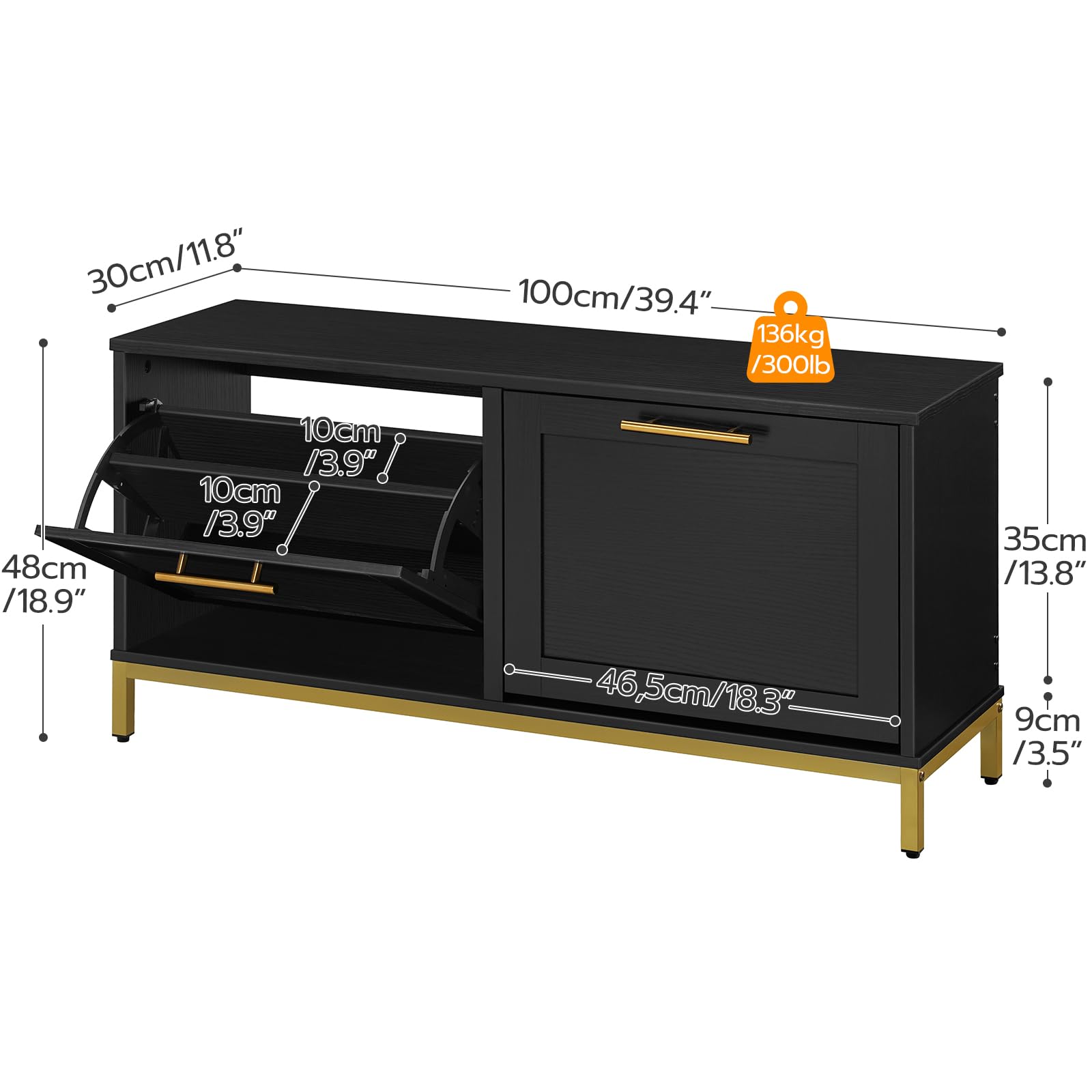 HOOBRO Entryway Shoe Bench with 2 Flip-Up Storage Drawers, Hidden Shoe Cabinet Organizer for Hallway, Foyer & Mudroom - Black & Gold Modern Design (DB48HX01) | Perfect for Small Spaces, Apartment Entryways & Shoe Storage Organization