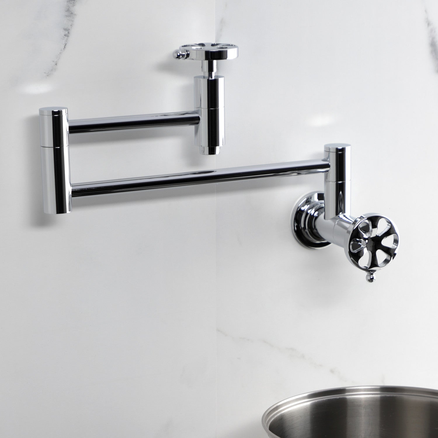 Belknap KS8101RX Two Handle Wall Mount Pot Filler Faucet - Polished Chrome Finish - Ideal for Kitchen, Cooking, and Filling Large Pots with Ease