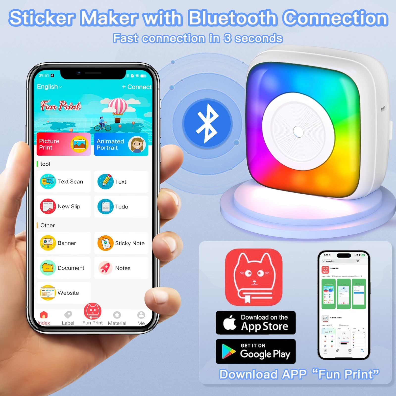 Mini Sticker Printer with 6 Rolls Paper - Portable Thermal Label Maker for DIY Scrapbooking, Travel Journal, Notes & Memos - 7 Color LED Light Modes - Wireless Bluetooth Compatible with iPhone & Android Phones (Perfect for Home Office, School Projects & Gift Wrapping)