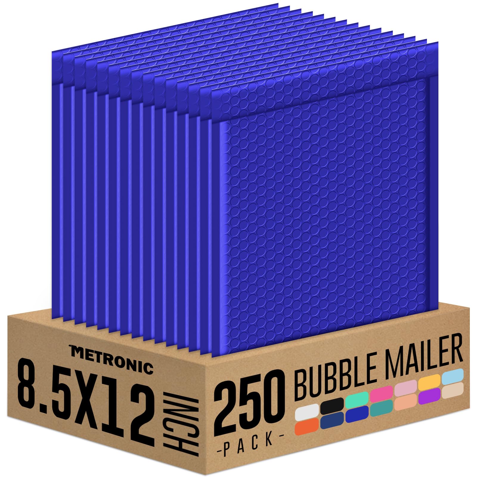 Metronic 8.5x12 Inch Blue Bubble Mailers - 250 Pack Bulk Poly Bubble Shipping Envelopes | Self-Seal Padded Packaging Bags for Small Business & Boutique | Perfect for Ecommerce, Amazon FBA, eBay & USPS Shipments