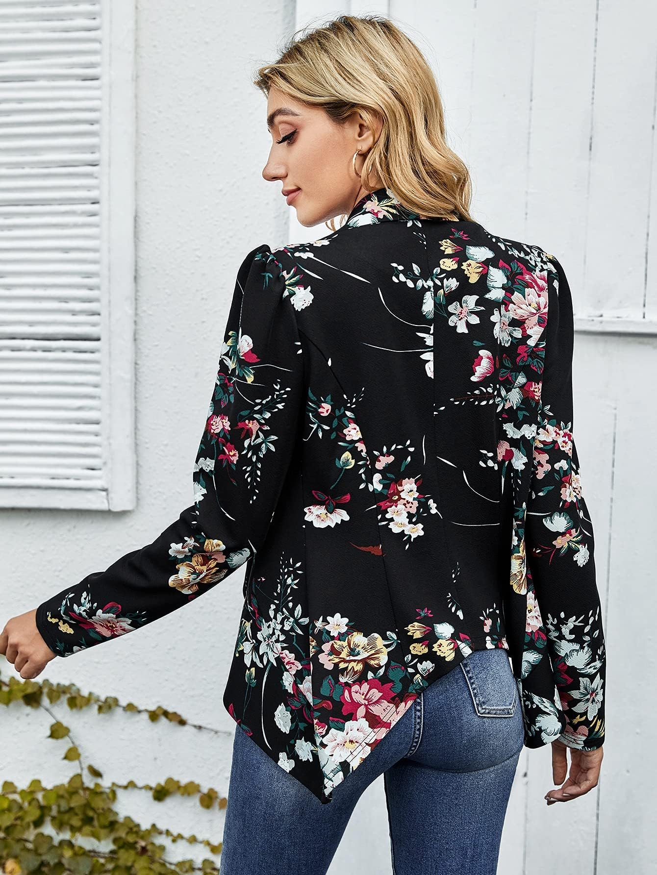 Neeno Women's Floral Blazer Jacket - Waterfall Collar, Asymmetrical Hem, Lightweight & Stylish (XS) - Perfect for Office Wear, Business Meetings & Spring Fashion Outfits