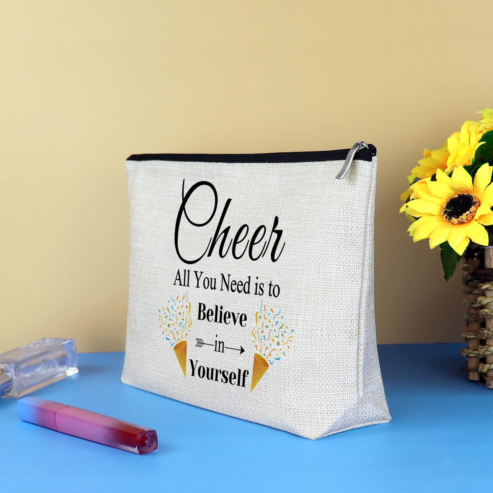 **Cheerleading Makeup Bag for Girls - Inspirational Cheerleader Gift Set with Motivational Quote - Perfect for Travel, Birthday, Graduation & Team Gifts - Cosmetic & Toiletry Pouch for Women & Teens**    *(Use Case: Ideal for cheerleaders, dance teams, gym bags, travel essentials, birthday surprises, graduation presents, and motivational gifts for women & teens.)*