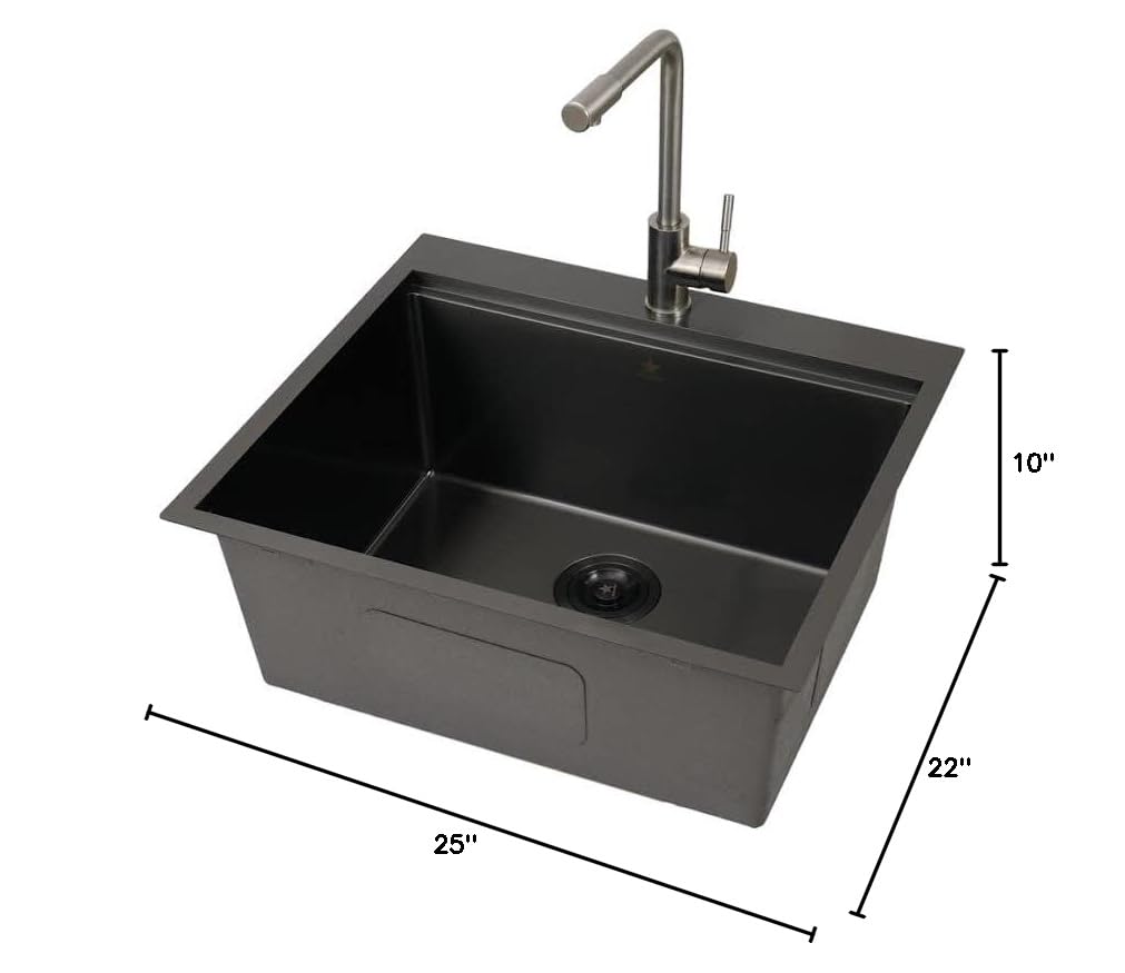 STARSTAR 25 x 22 x 10 Inch 304 Stainless Steel Single Bowl Kitchen Sink with Grid, Wooden Cutting Board, Colander & Strainer Basket - Perfect for Home, Office, Bar, Laundry or Outdoor Use