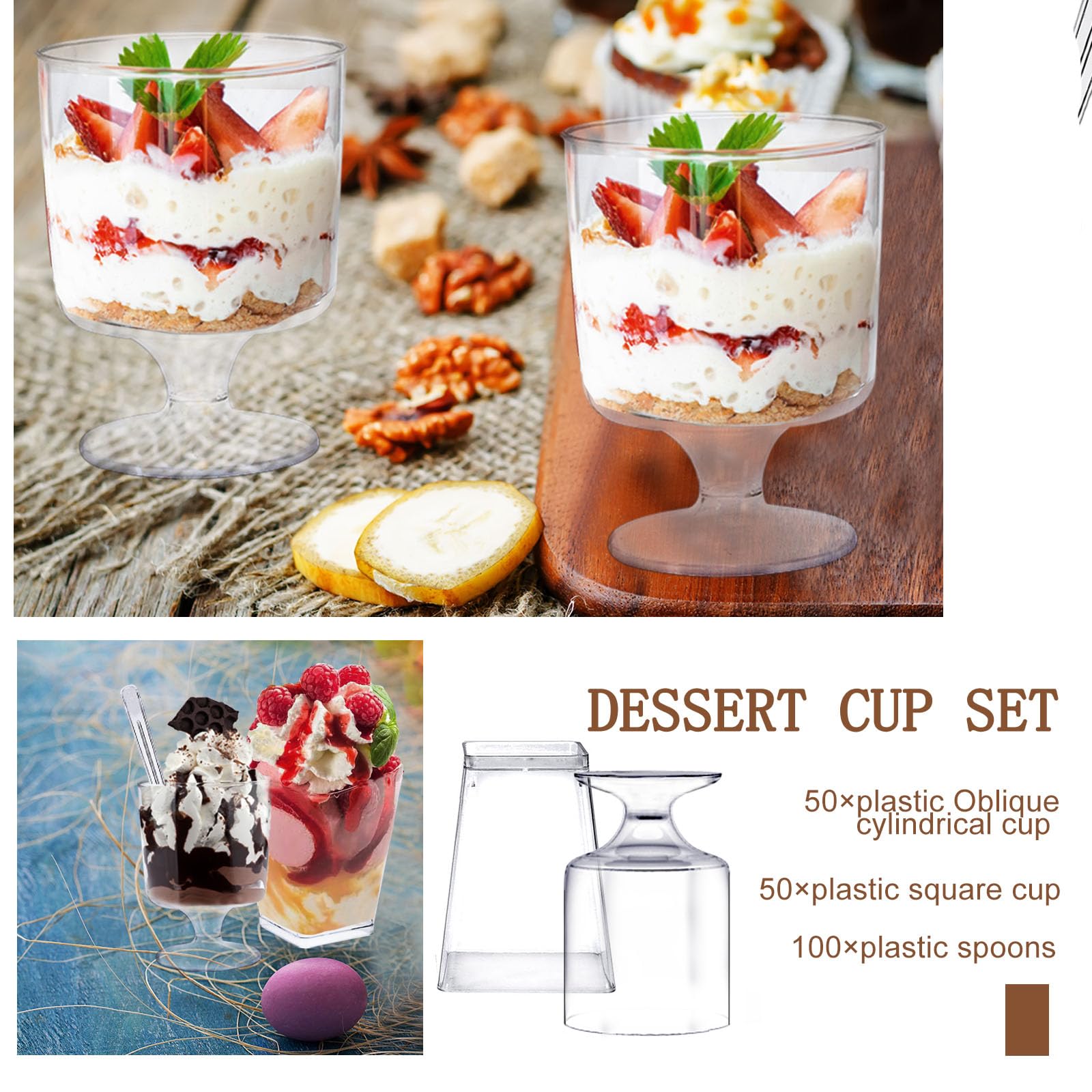 200-Pack 5oz Plastic Dessert Cups with 100 Spoons - 50 Mini Square Goblet & 50 Clear Appetizer Cups - Perfect for Pudding, Ice Cream, Cake & Party Events - Reusable Small Parfait Cups for Catering, Weddings, Baby Showers & Holiday Gatherings