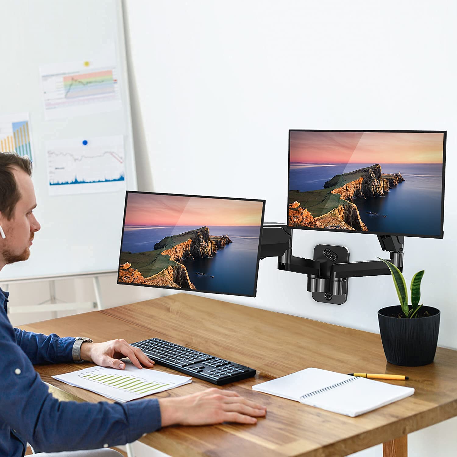 MOUNT PRO Dual Monitor Stand - Adjustable Free Standing & Wall Mount for 2 Screens up to 27 inch - Full Motion Gas Spring Monitor Arm with Height Adjustment - Perfect for Home Office, Gaming Setup & Workspace Ergonomics
