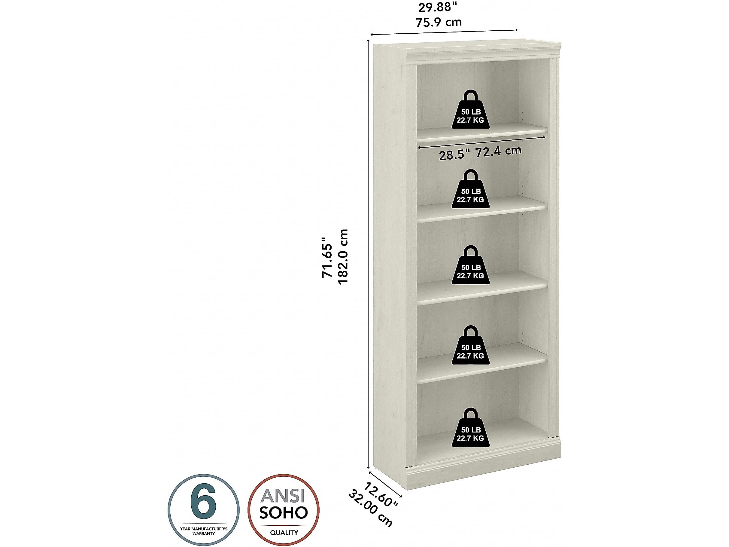 Bush Furniture Saratoga 5-Shelf Tall Bookcase in Linen White Oak - Home Office Organizer & Vertical Storage Solution for Books, Office Supplies - Perfect for Living Room, Bedroom or Study Room Bookshelf