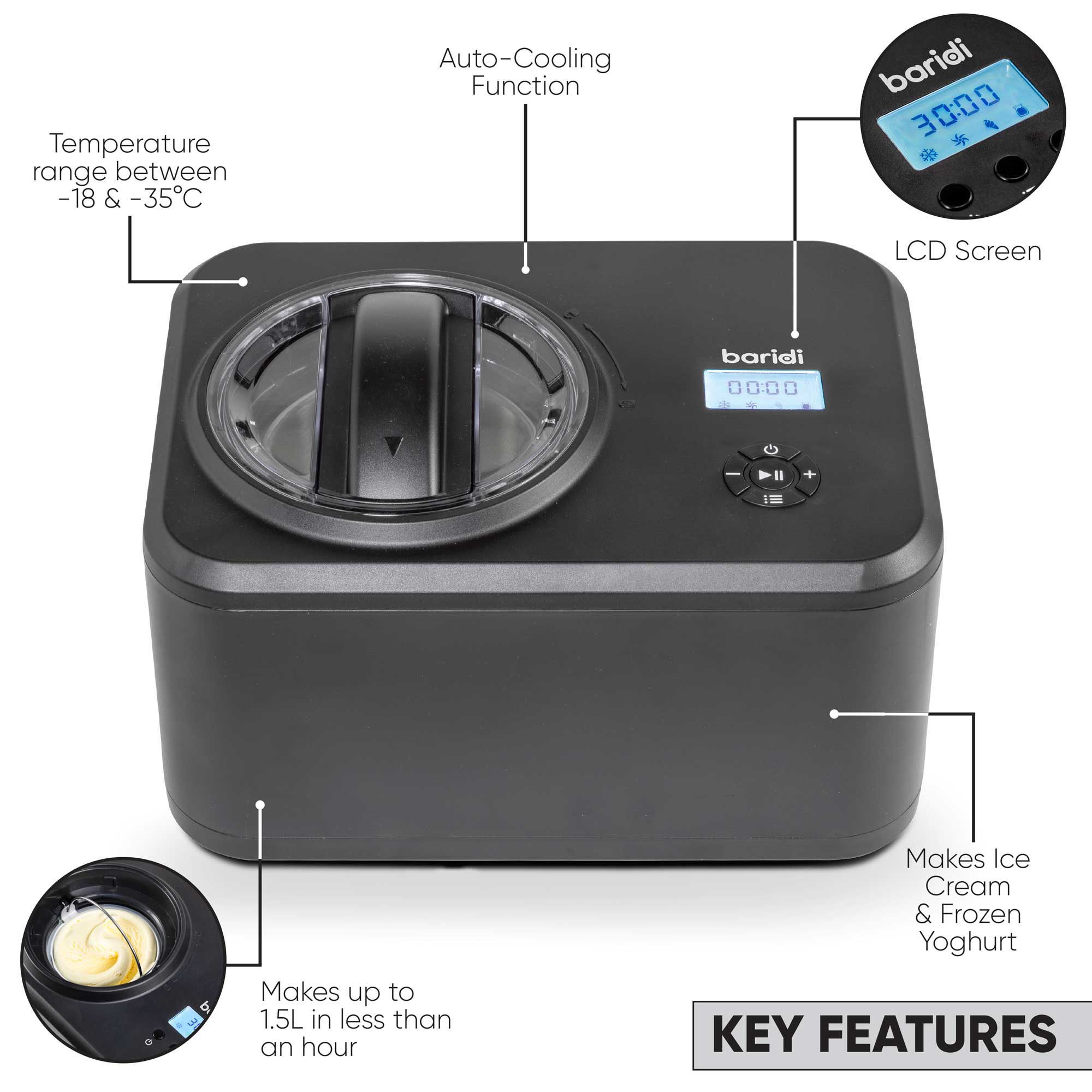 Baridi 1.5L Ice Cream Maker with Fast Freeze Compressor - Homemade Gelato, Sorbet & Frozen Yogurt Maker - Perfect for Parties, Desserts & Family Treats
