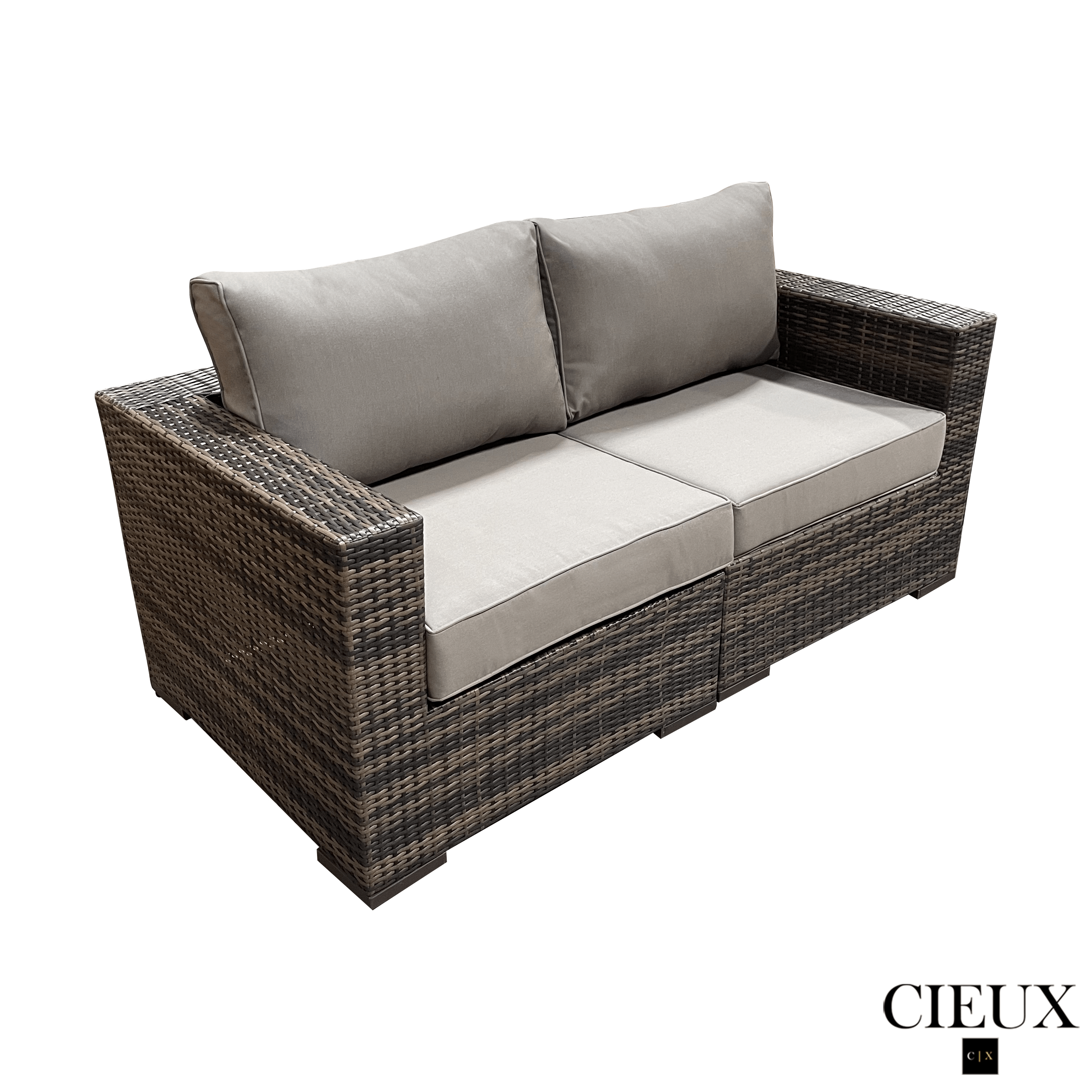 Valence Outdoor Patio Wicker Loveseat Conversation Set - Brown Rattan Sofa with Sunbrella Taupe Cushions for Garden, Poolside & Backyard Relaxation