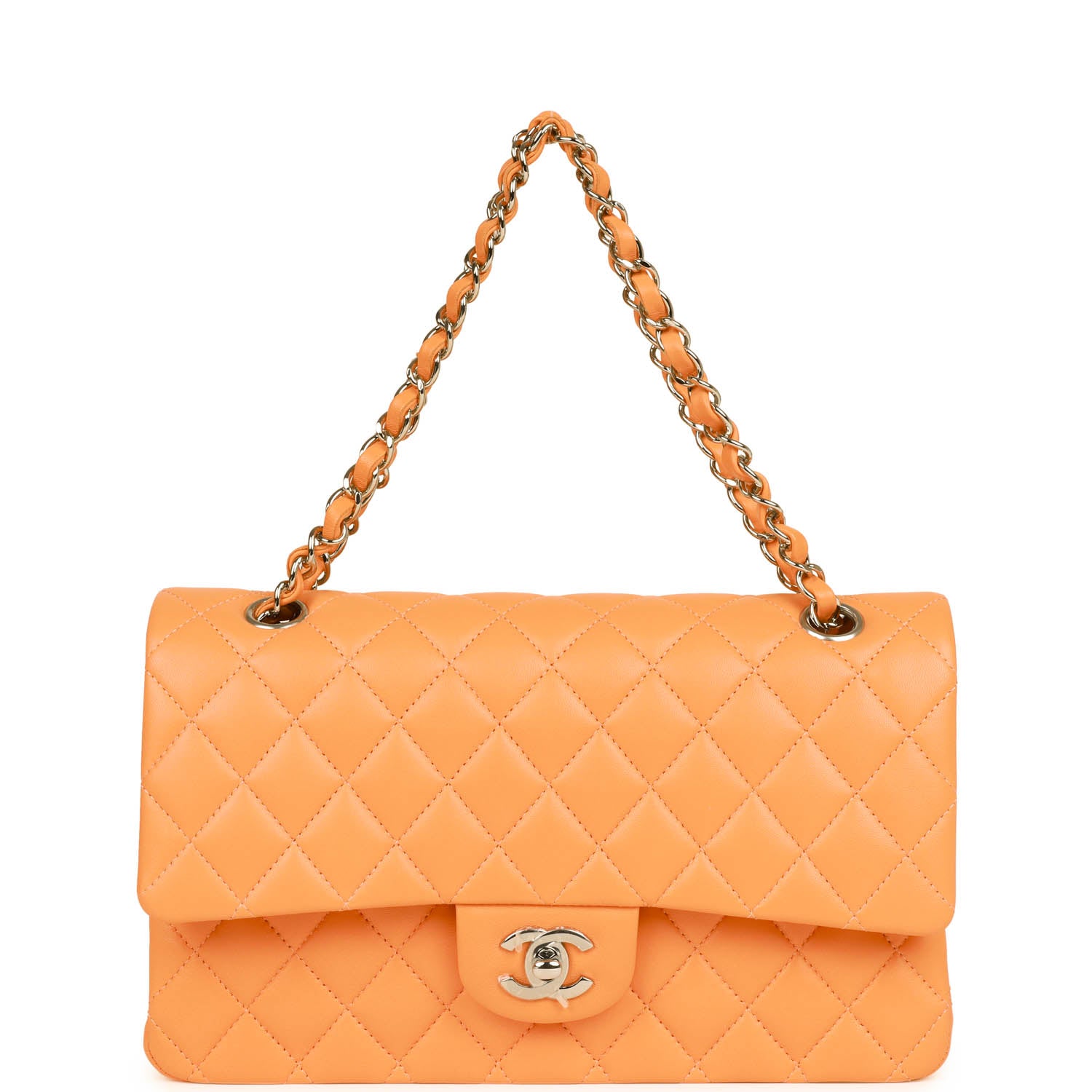 Chanel Medium Classic Double Flap Bag in Neon Orange Lambskin with Silver Hardware - Luxury Designer Handbag for Women, Perfect for Parties & Evening Events