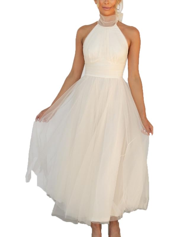 VIVICOLOR Women's Elegant Lace-up Halter Tulle Dress - Strapless Lace Mesh Bridesmaid & Wedding Guest Dress - Chiffon Formal Gown (Medium) - Perfect for Weddings, Parties & Special Occasions