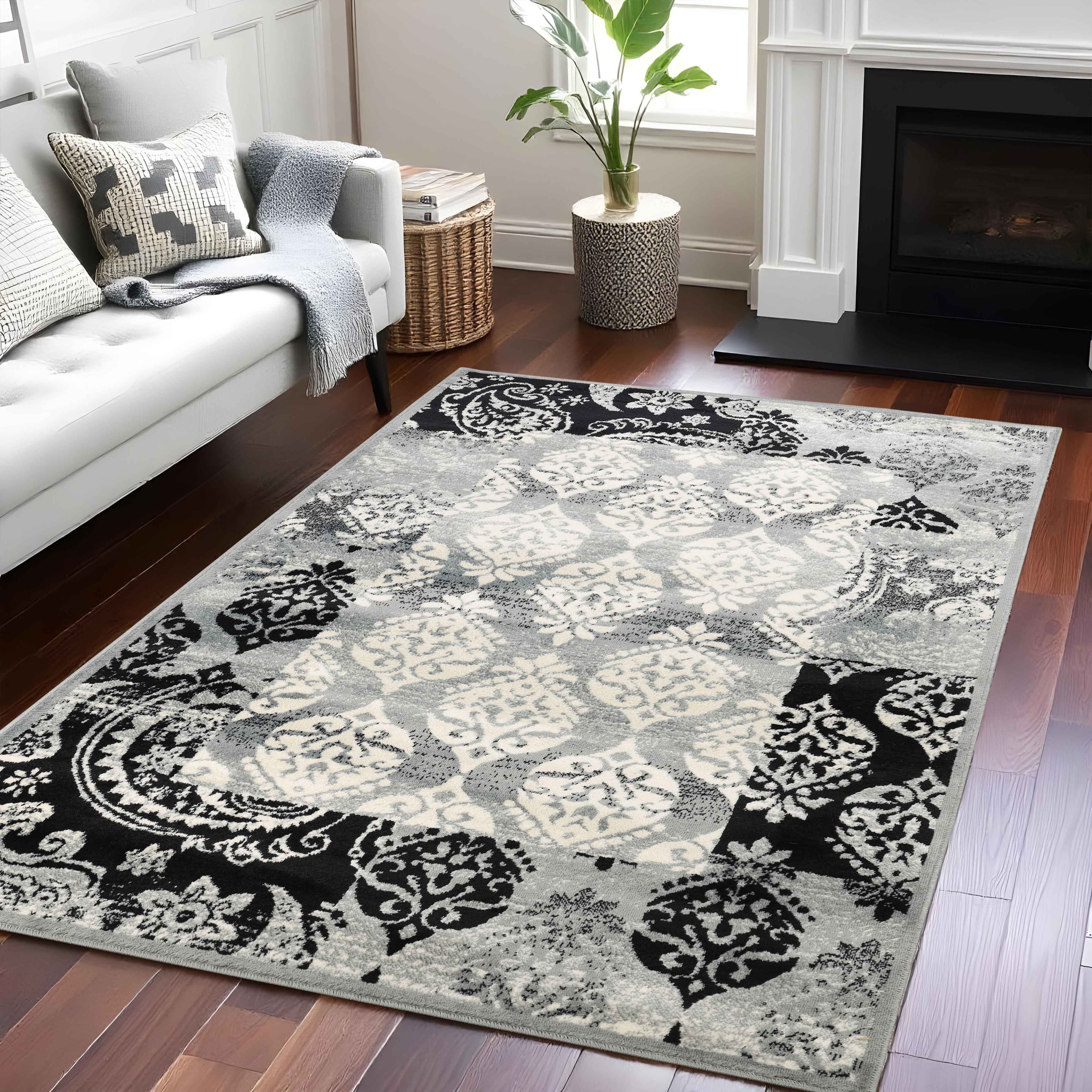 Stylish Modern Damask Indoor Area Rugs & Runners - Non-Slip Soft Living Room Carpet for Bedroom, Hallway, Dining Room Decor