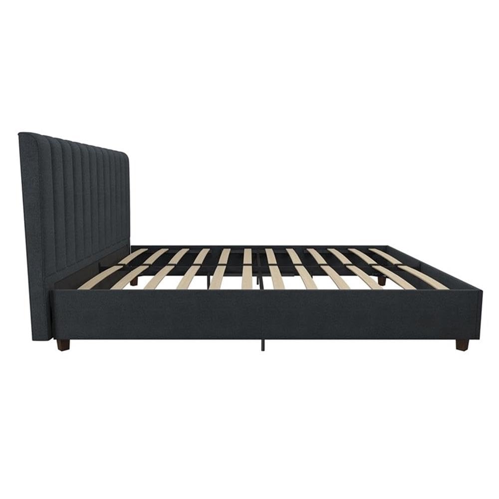 Pemberly Row Contemporary Queen Upholstered Bed - Blue Linen Fabric Upholstery, Modern Platform Bed Frame with Wooden Legs | Perfect for Master Bedroom, Guest Room & Modern Home Decor