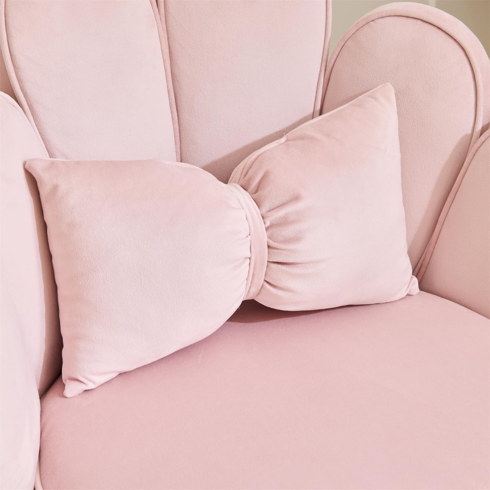 VINGLI Pink Velvet Petal Makeup Vanity Chair with Back - Cute Flower Design, No Wheels, Adjustable Gold Legs & Bow Pillow - Modern Accent Chair for Girls Bedroom, Home Office, Dressing Room & Dining Area