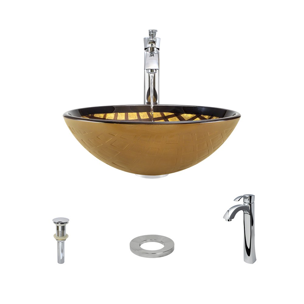 Gold & Brown Foil Glass Vessel Bathroom Sink with Chrome Faucet & Pop-Up Drain - Modern Vanity Basin for Powder Room, Guest Bath, or Master Suite