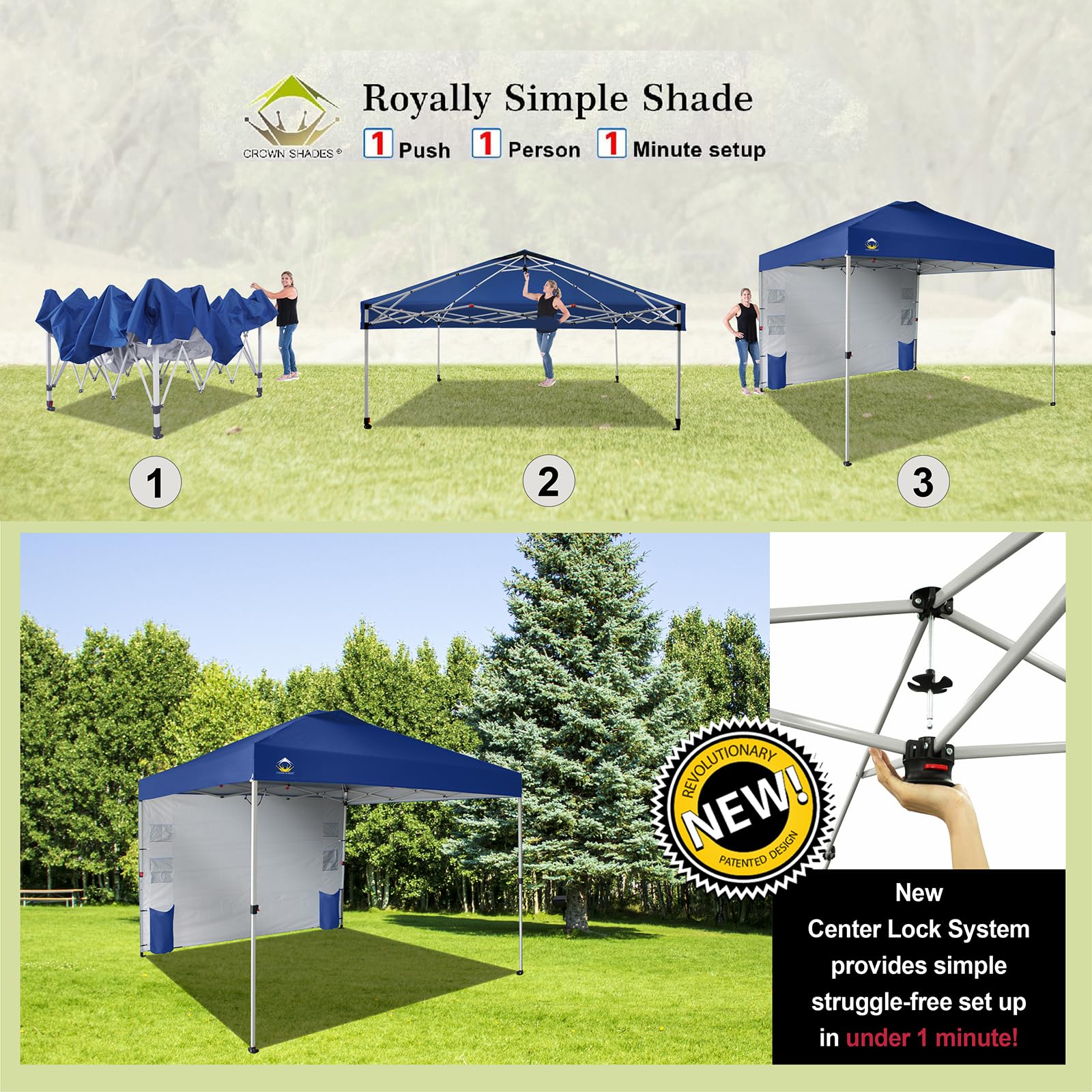 10x10 Pop Up Canopy Tent with Sidewalls & Pockets - Easy One-Person Setup Instant Sun Shelter for Camping, Beach, Backyard, Picnics & Outdoor Events - Portable Navy Blue Canopy with Center Lock System