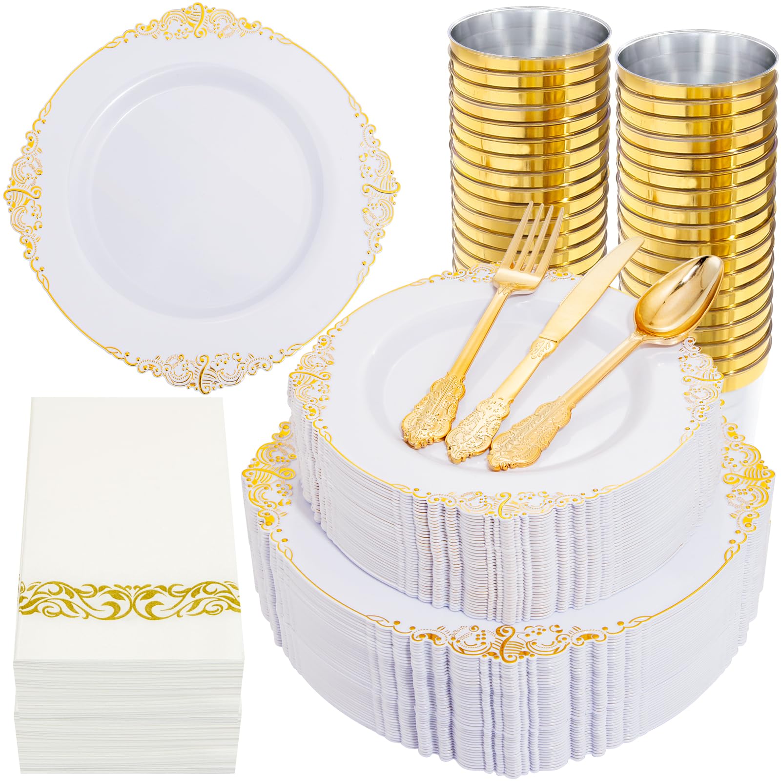 350-Piece Gold Plastic Dinnerware Set - Elegant White & Gold Disposable Plates, Forks, Knives, Spoons, Cups & Napkins for 50 Guests - Perfect for Christmas Parties, Weddings, Baby Showers & Special Events