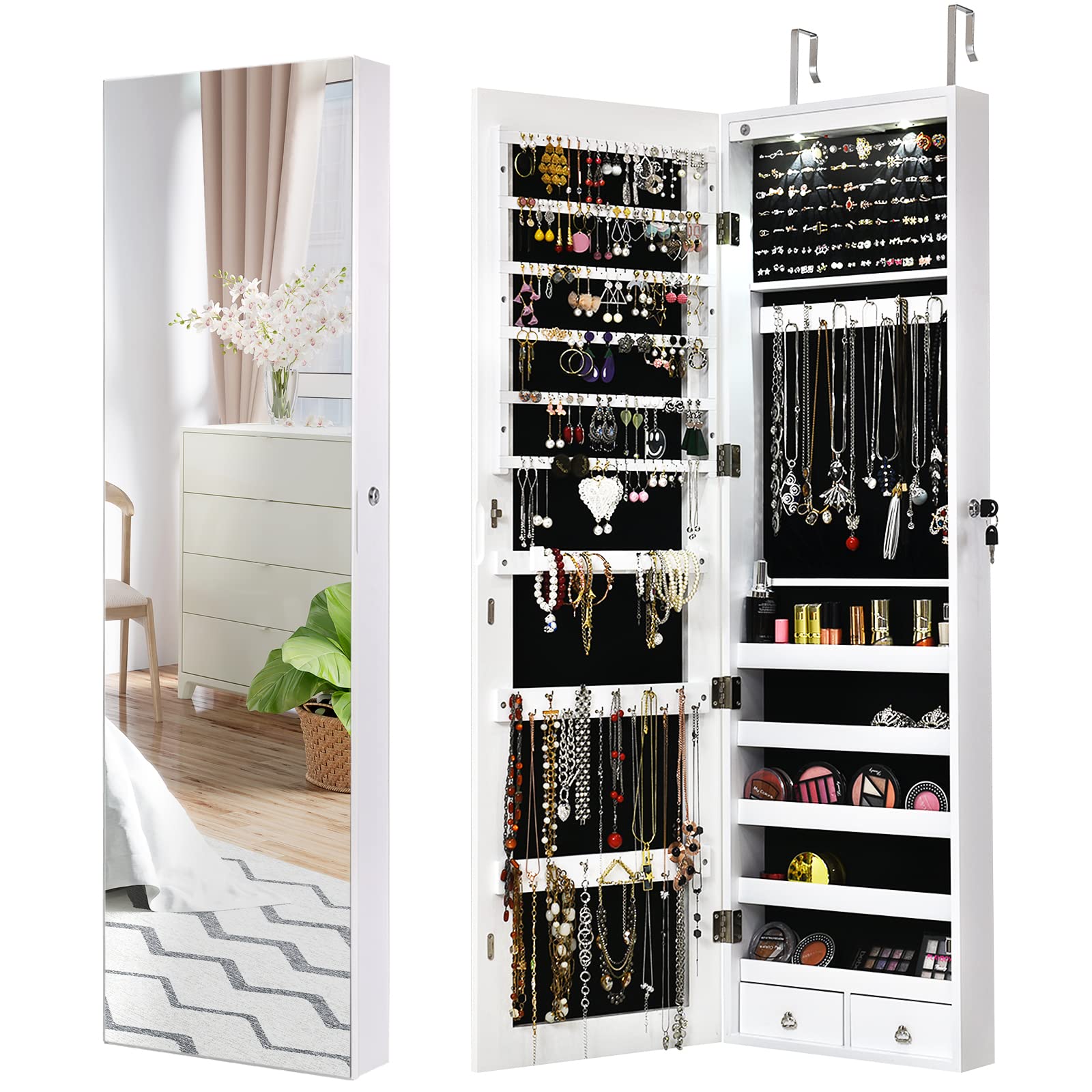 COSTWAY Hanging Jewelry Organizer with Full-Length Mirror & LED Lights - Wall Mount Jewelry Cabinet with Lock, Large Storage for Necklaces, Rings, Earrings - Perfect for Bedroom, Closet & Dressing Room (White)
