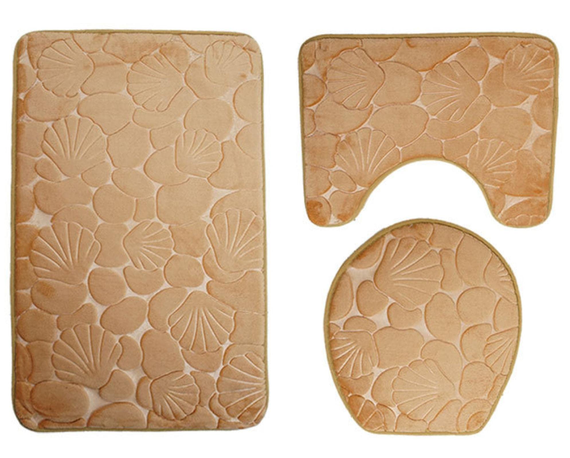 Luxury Soft Microfiber Velvet Bathroom Rugs Set - 3 Piece Non-Slip Bath Mat with PVC Backing, Absorbent Embossed Champagne Shell Design (Bath Rug + Contour Mat + Toilet Cover) for Modern Bathroom Decor & Spa-Like Comfort