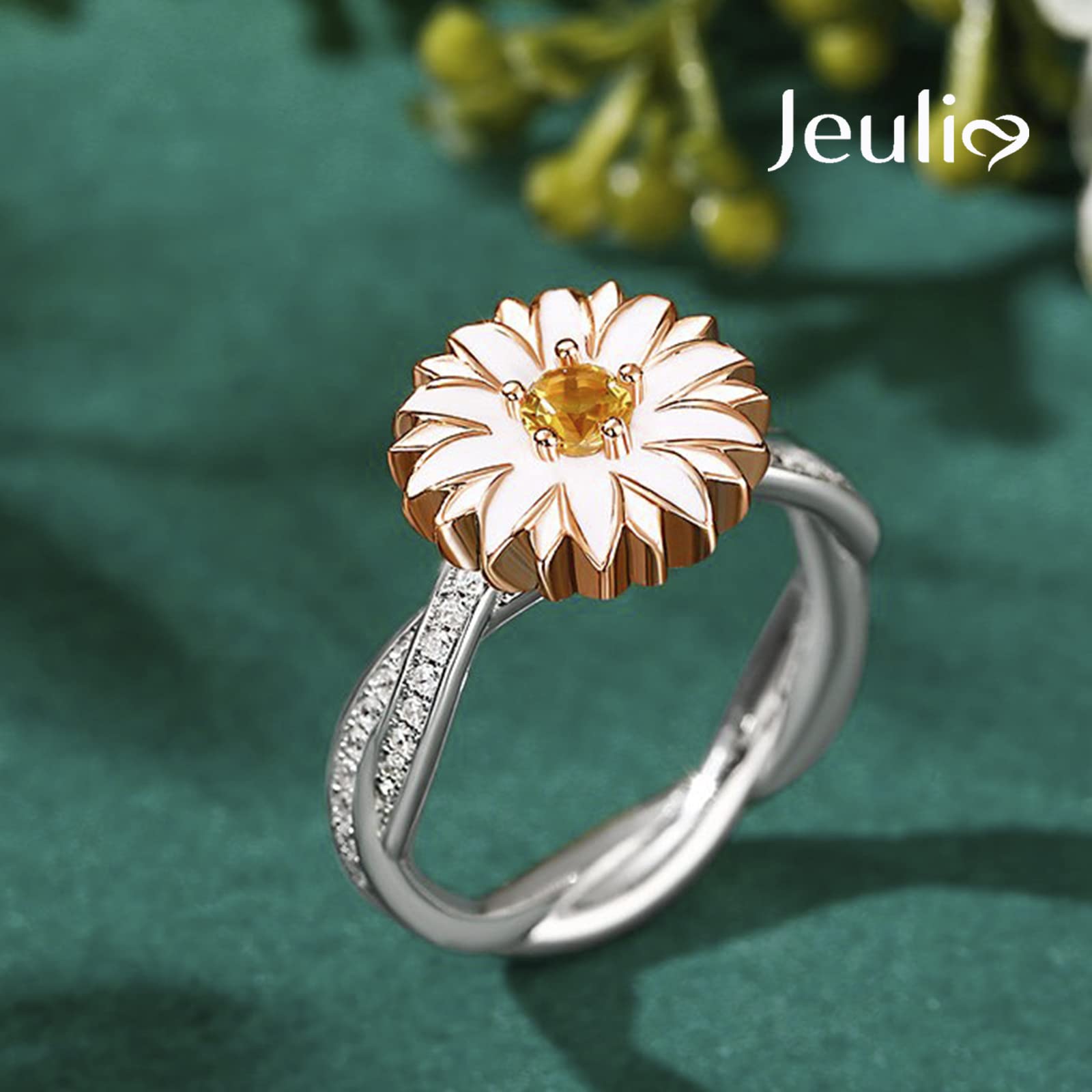 Jeulia Sterling Silver Daisy Flower Rotating Fidget Ring for Women - Cubic Zirconia Anxiety Relief Engagement Promise Ring with Birthstone & Gift Box - Perfect for Valentine's Day, Stress Relief & Everyday Wear