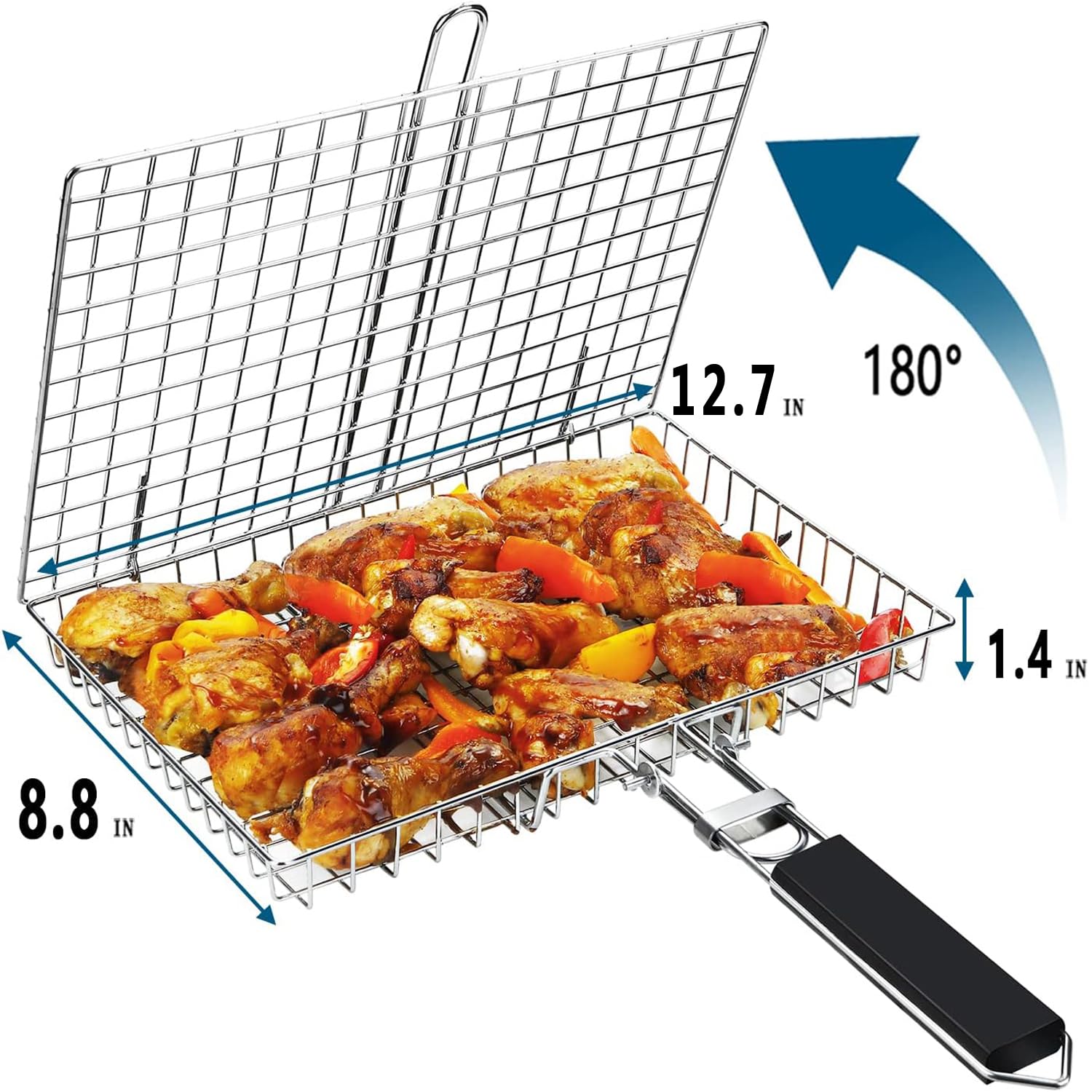 Stainless Steel BBQ Grilling Basket for Fish, Vegetables & Meat - Heavy Duty Grill Rack with Handle - Perfect for Outdoor Cooking, Camping & Backyard BBQs