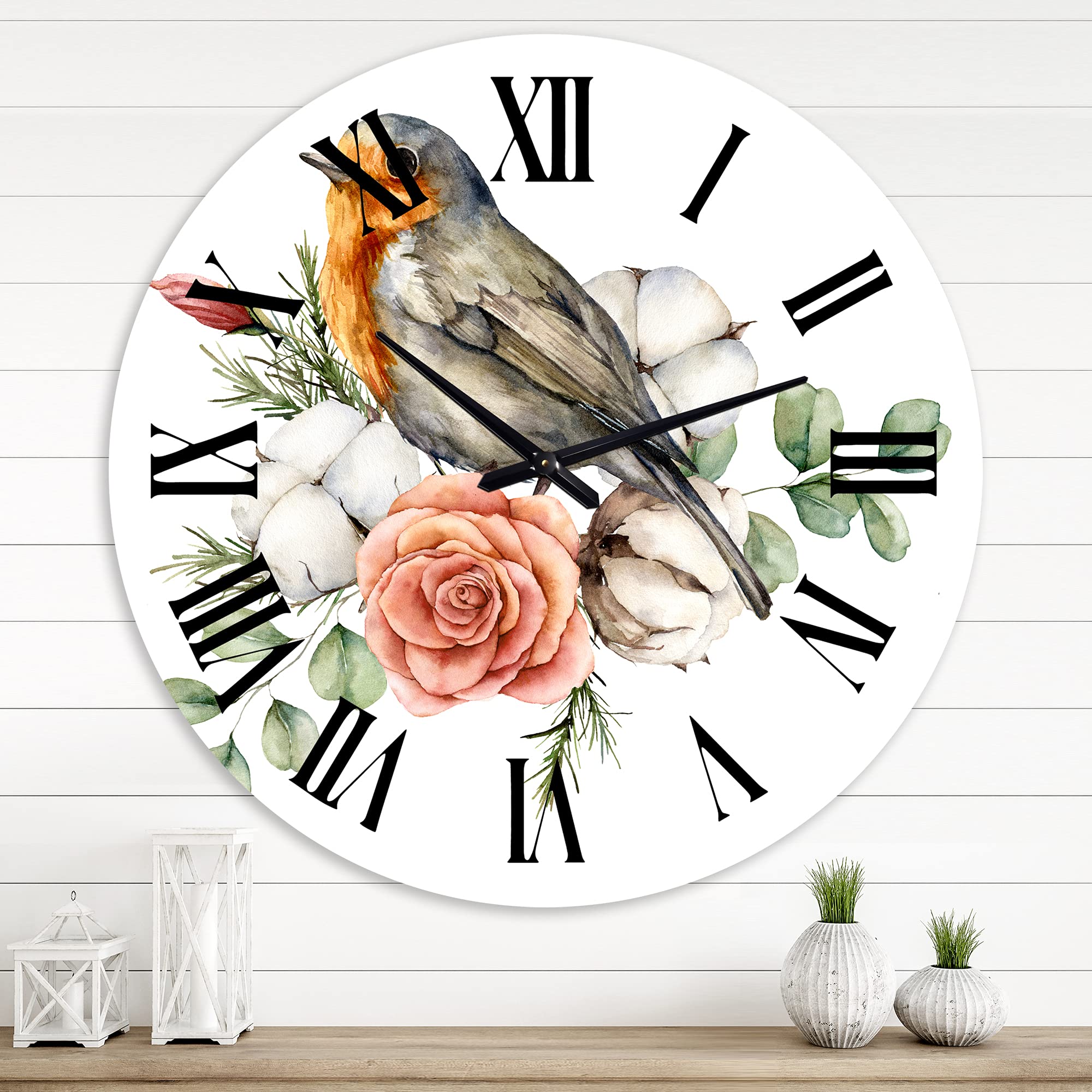 Large Traditional Wall Clock 'Robin Redbreast with Cotton Rose and Leaves' - Vintage Animal Wall Clock for Home, Office & Living Room Decor | Perfect for Farmhouse, Bedroom & Kitchen