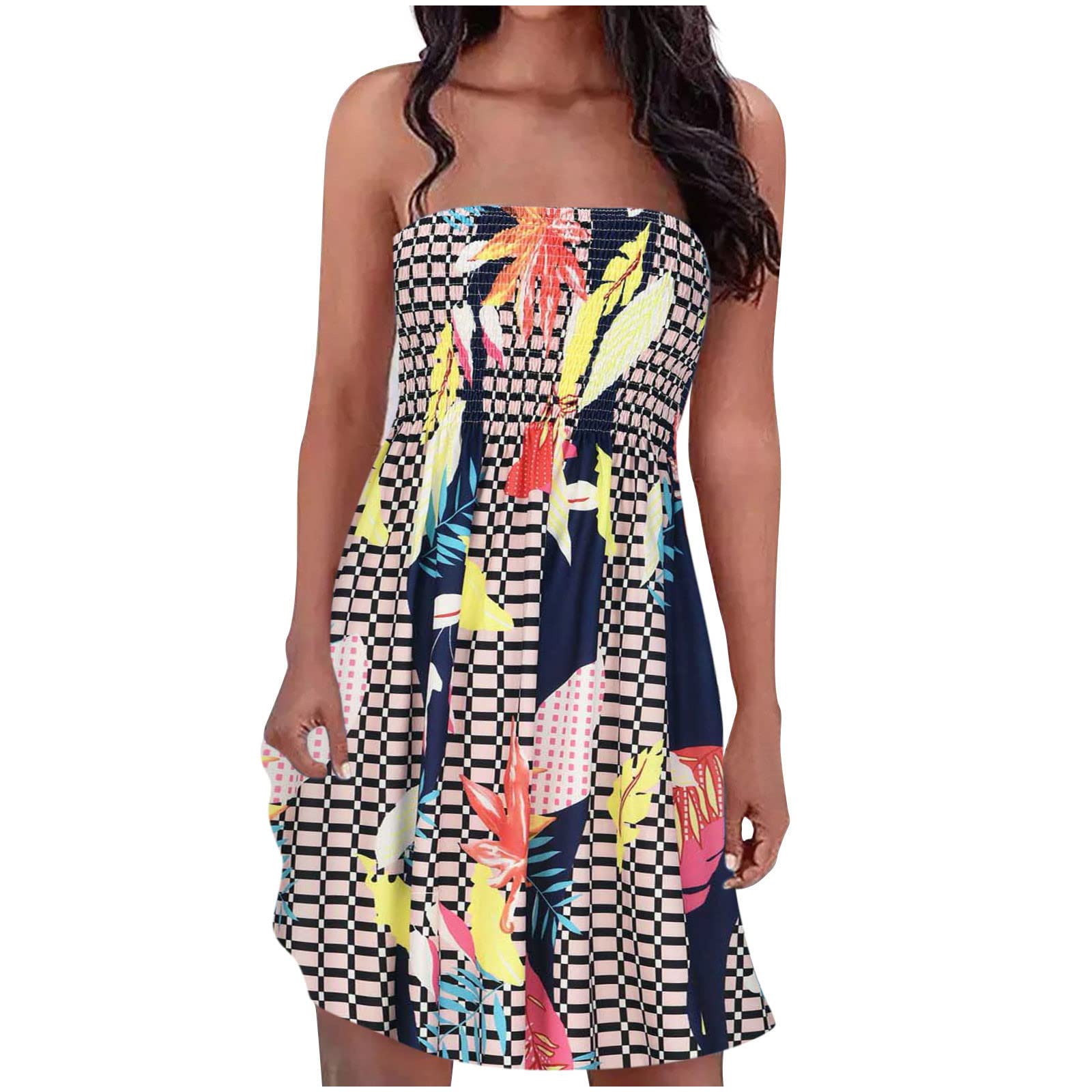 Bohemian Strapless Floral Print Dress for Women - Elastic Band Sleeveless Summer Dress - Perfect for Beach Vacations, Weddings & Casual Outings